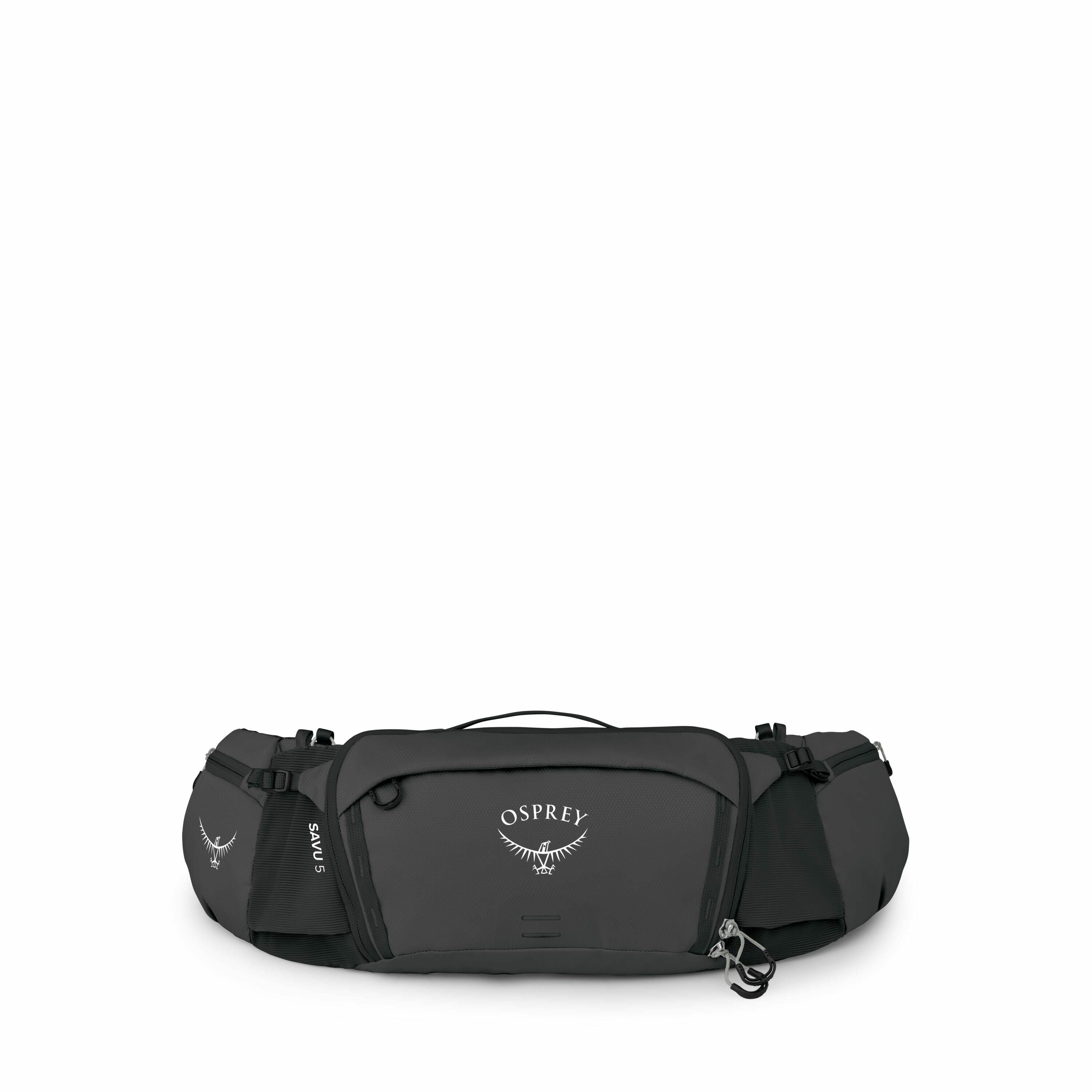 The images depict a black Osprey waist pack with the logo prominently displayed on the front. The pack appears to be a modular design, shown in various stages of assembly or disassembly. It features multiple compartments and zippers, with adjustable strap