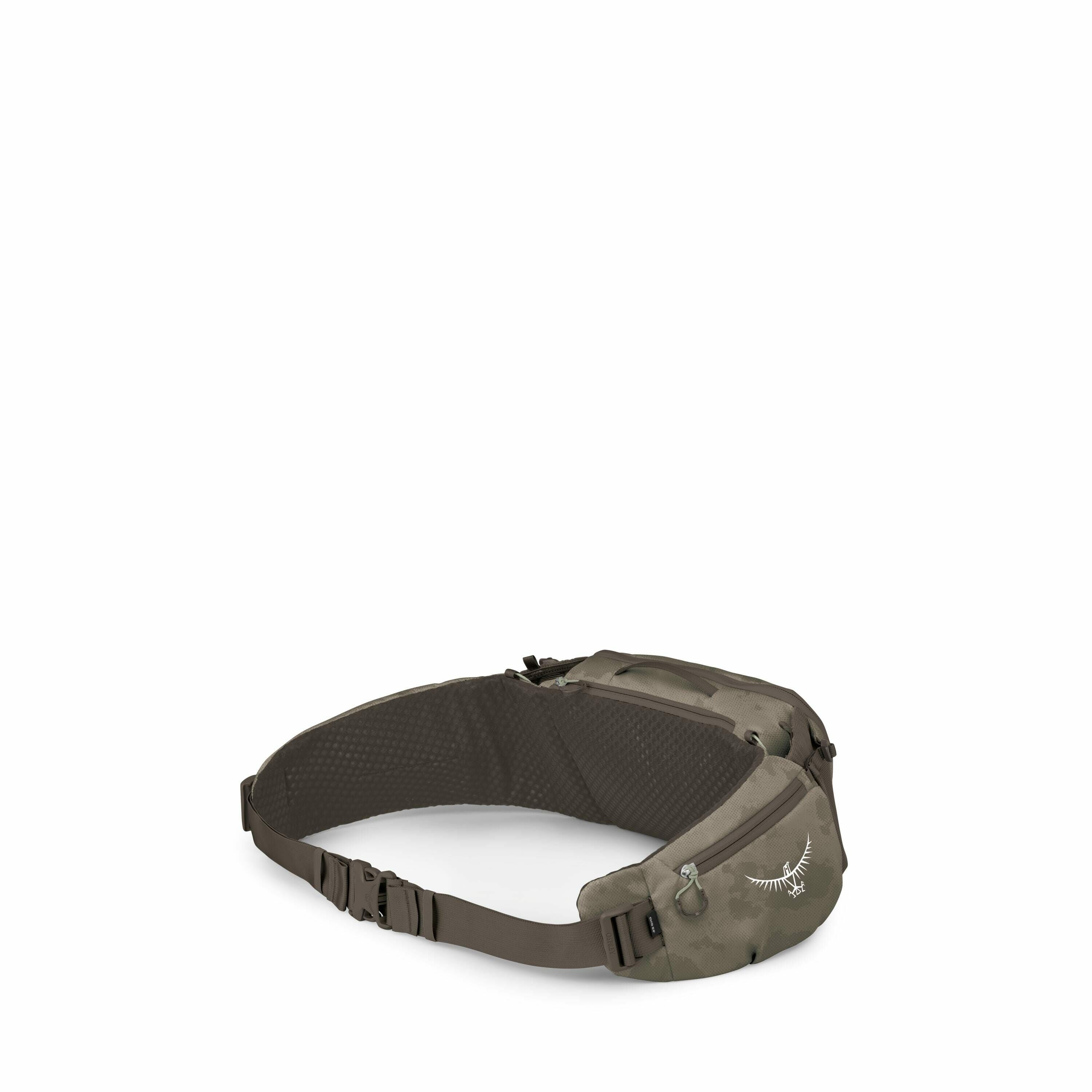 The image showcases a waist pack or fanny pack, designed for outdoor or adventure use. The pack features multiple compartments with zippers, allowing for organized storage of small items. It is constructed from durable material in a muted green color and