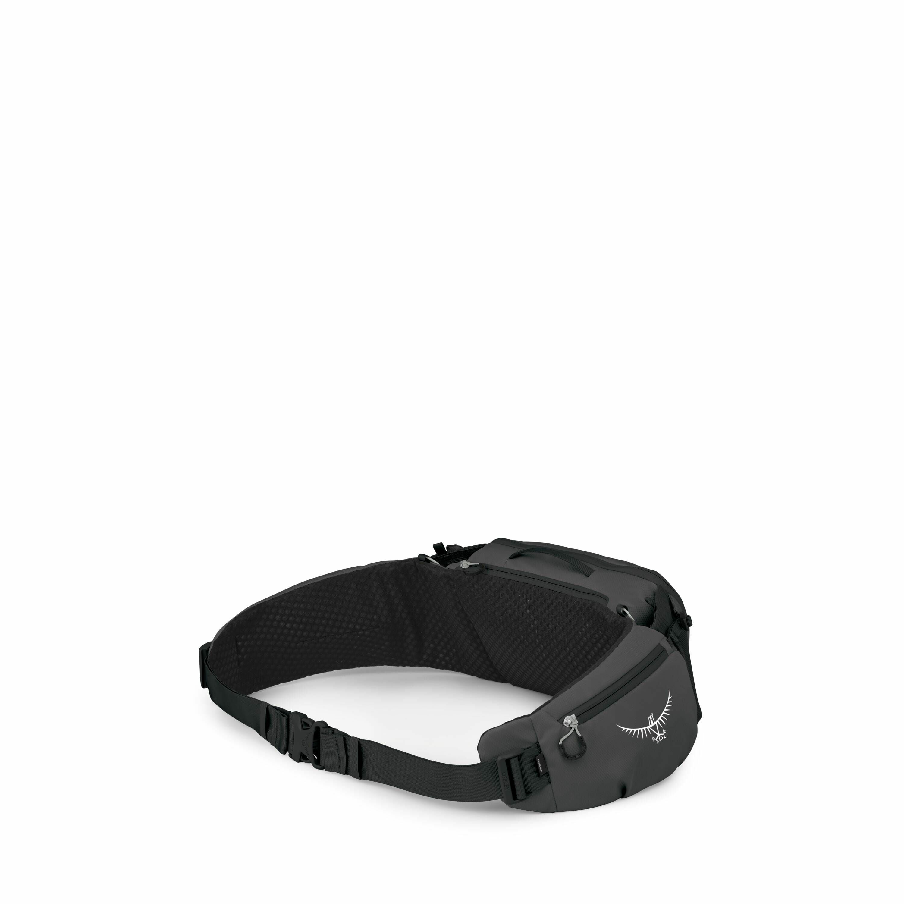 The image shows a black waist pack with multiple compartments and adjustable straps. The pack is designed for outdoor activities, featuring a durable, water-resistant material and a padded back panel for comfort. It has zippered pockets and a prominent wh