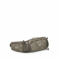 The images showcase an Osprey waist bag in different colors and configurations. The first two images display the bag in tan and green camo patterns, highlighting the Osprey logo and multiple compartments, suggesting utility and versatility. Subsequent ima