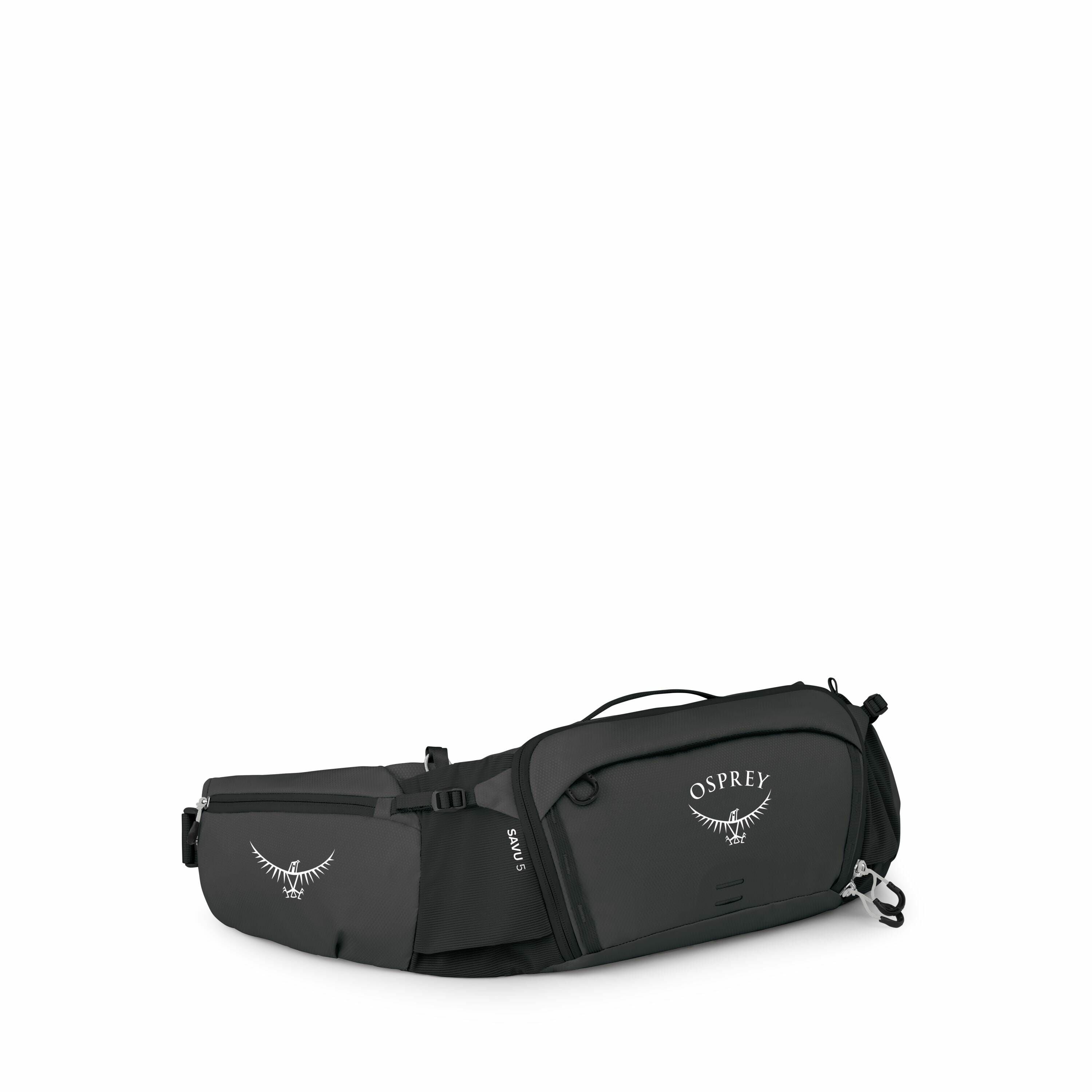 The image features a black Osprey waist pack designed for outdoor activities such as hiking or biking. It has multiple compartments, including a prominent main zippered section and additional smaller pockets, each bearing the Osprey logo with a stylized b