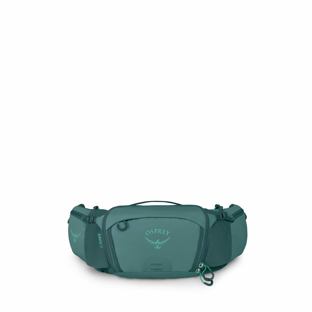 The images depict an Osprey Savu 5 waist pack, a versatile and compact carrying solution ideal for outdoor activities. The pack is designed in a deep green color, featuring the Osprey logo prominently on the front pocket, which consists of the brand name