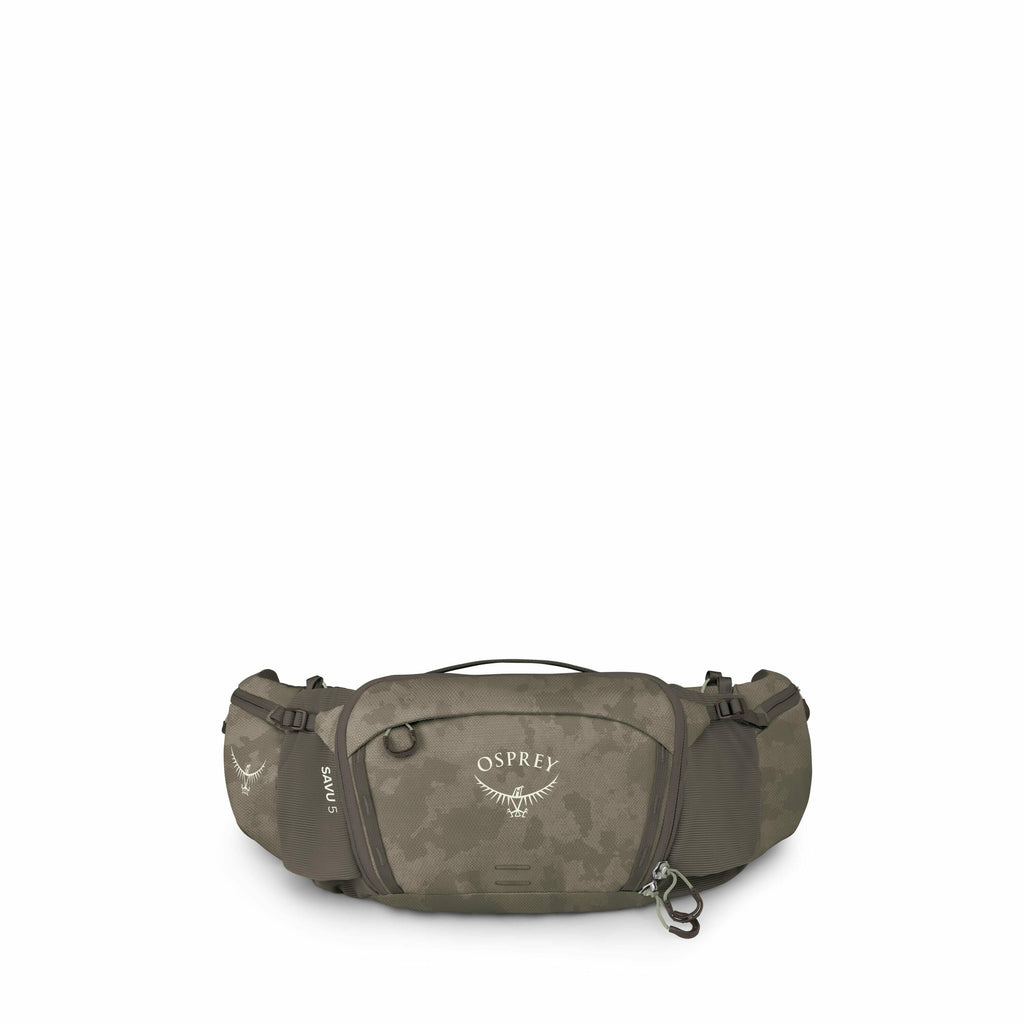 The image shows a series of components belonging to an Osprey waist pack or hip pack, known as the "Savu 5." The initial image displays the fully assembled pack, featuring multiple compartments, a belt with adjustment straps, and a loop for attaching acce