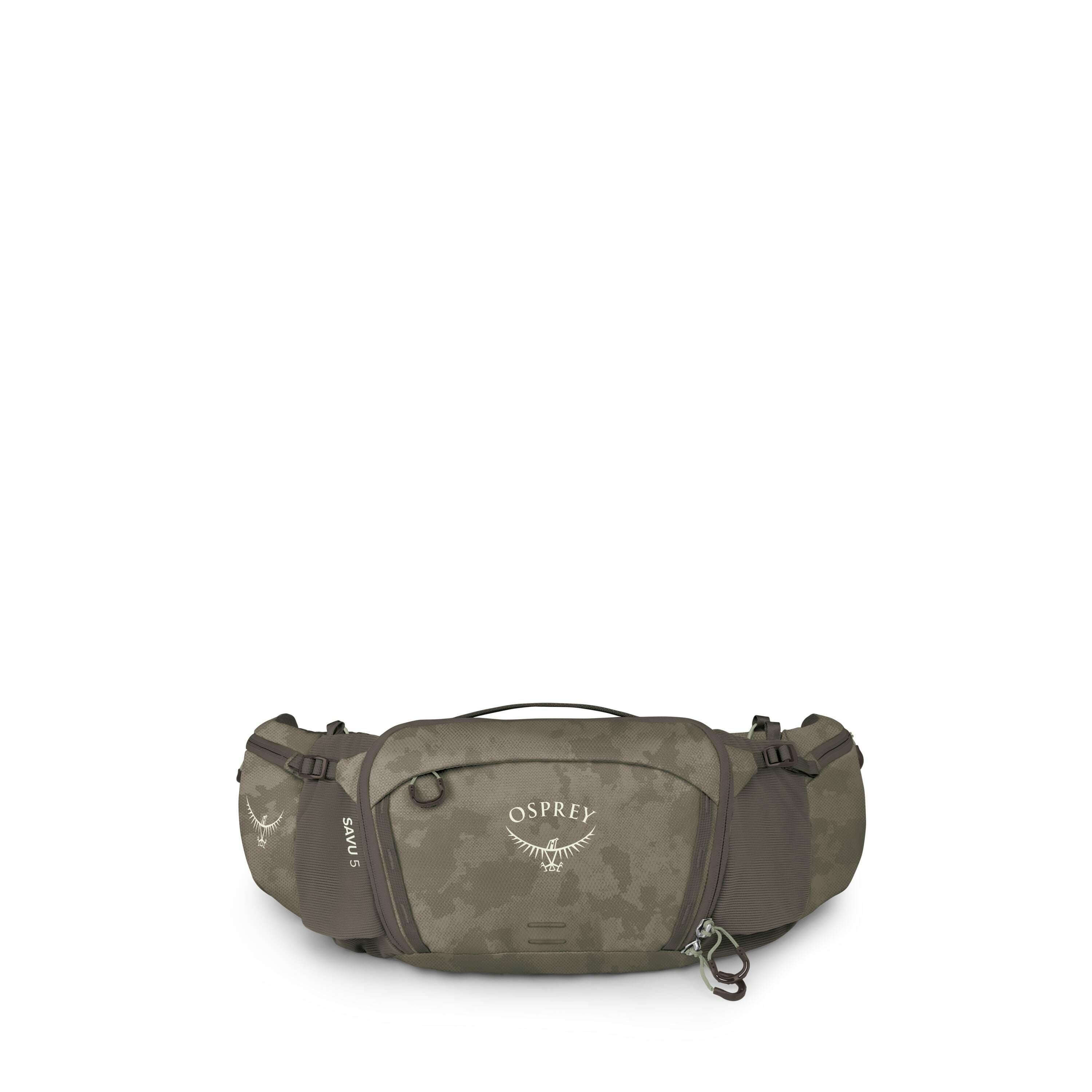 The image shows a series of components belonging to an Osprey waist pack or hip pack, known as the "Savu 5." The initial image displays the fully assembled pack, featuring multiple compartments, a belt with adjustment straps, and a loop for attaching acce