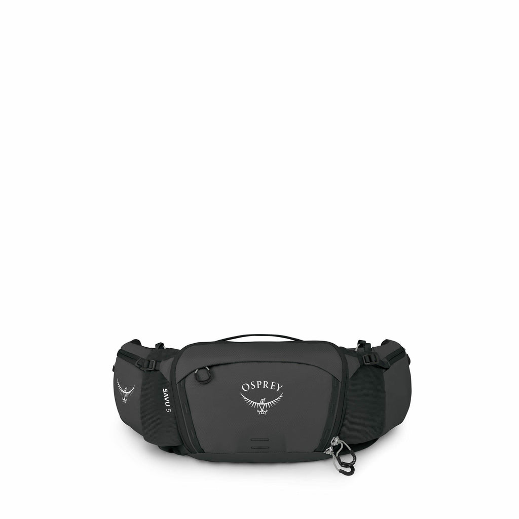 The images depict the disassembled components of an Osprey brand waist bag or fanny pack. The first image shows the fully assembled bag, labeled "SAVU 5," with the Osprey logo prominently displayed on the front. Subsequent images progressively show the ba