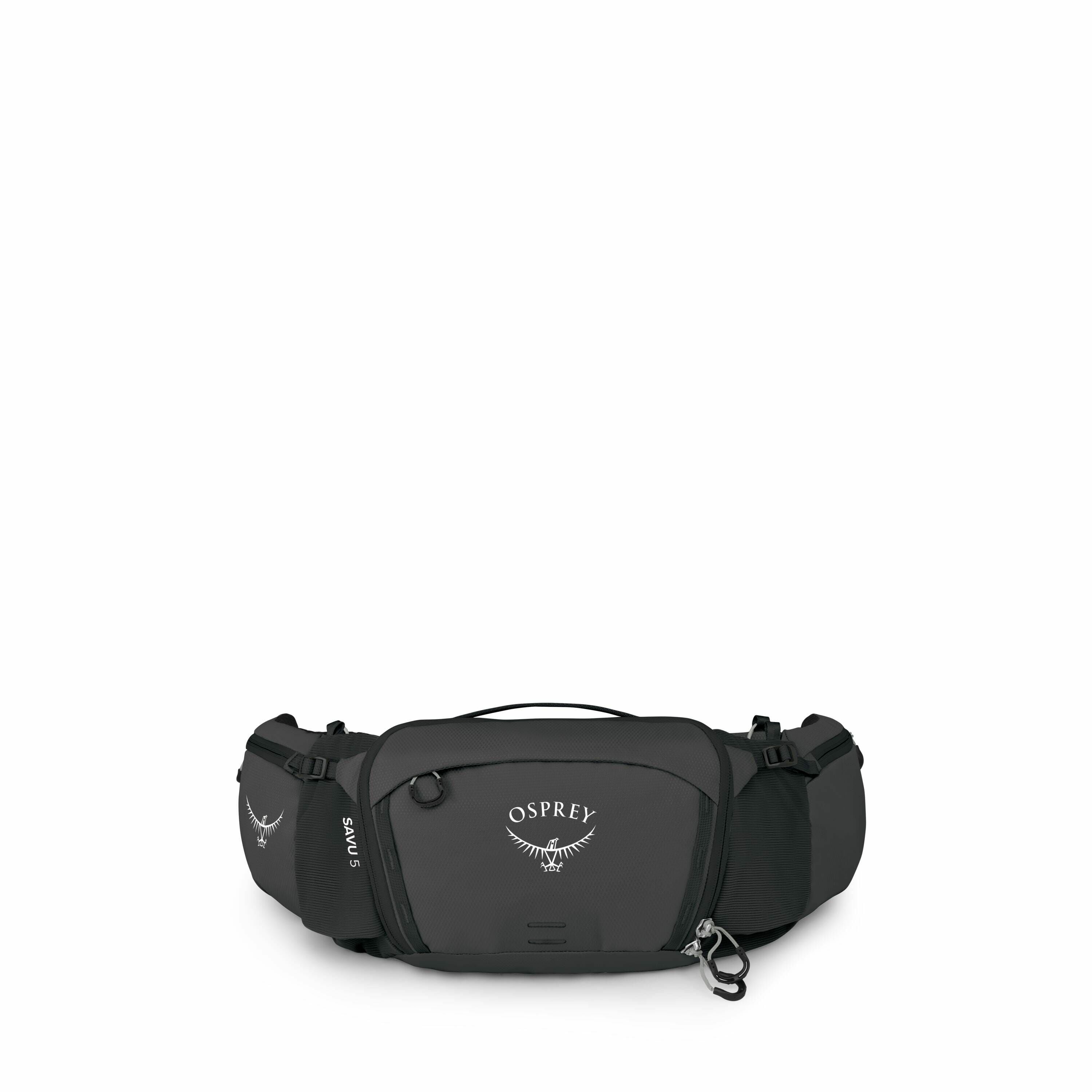 The images depict the disassembled components of an Osprey brand waist bag or fanny pack. The first image shows the fully assembled bag, labeled "SAVU 5," with the Osprey logo prominently displayed on the front. Subsequent images progressively show the ba