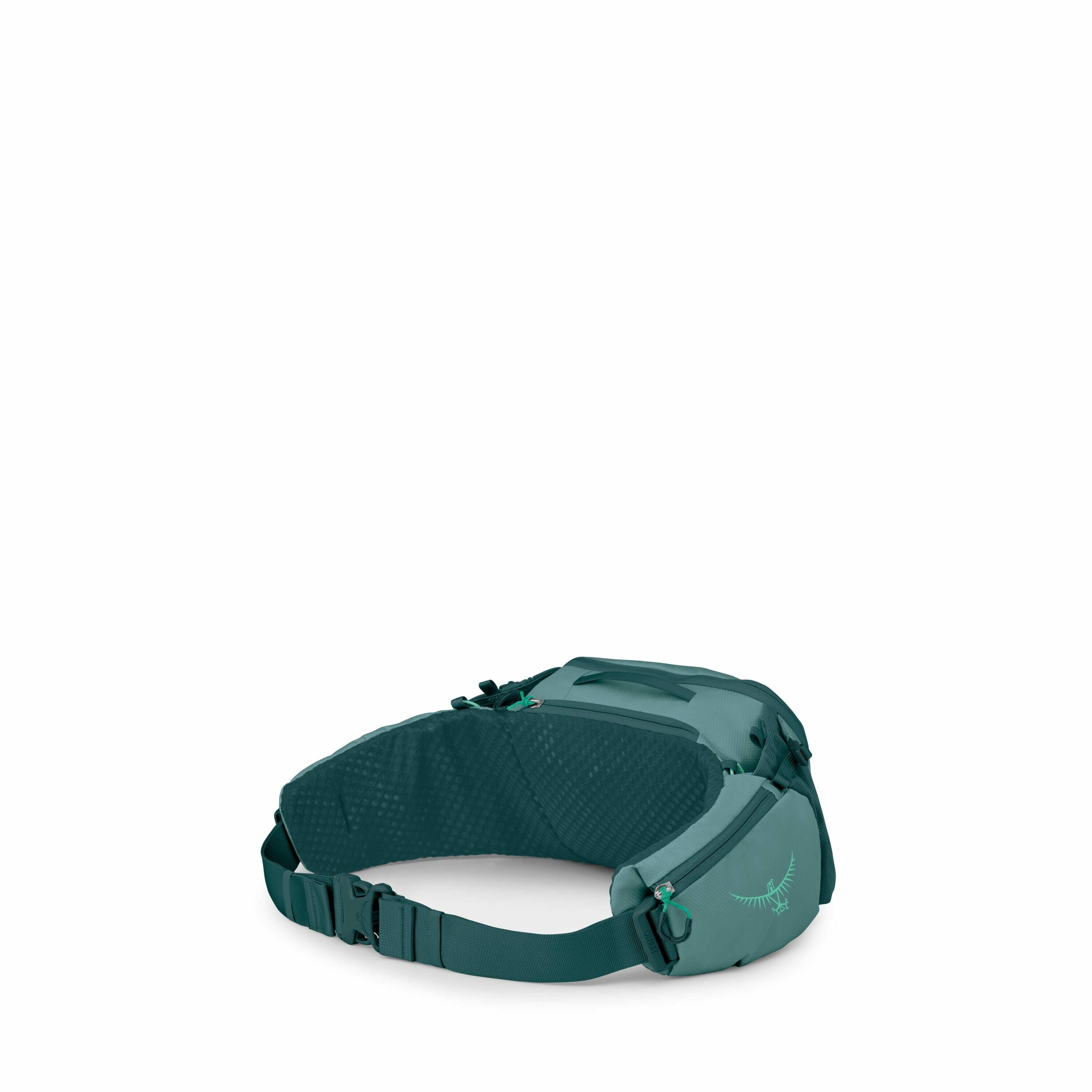 The image displays a green waist pack with a sleek, functional design. It features multiple zippered compartments and a mesh section for ventilation on the part that rests against the body. The waist strap is adjustable with a buckle closure for secure fi