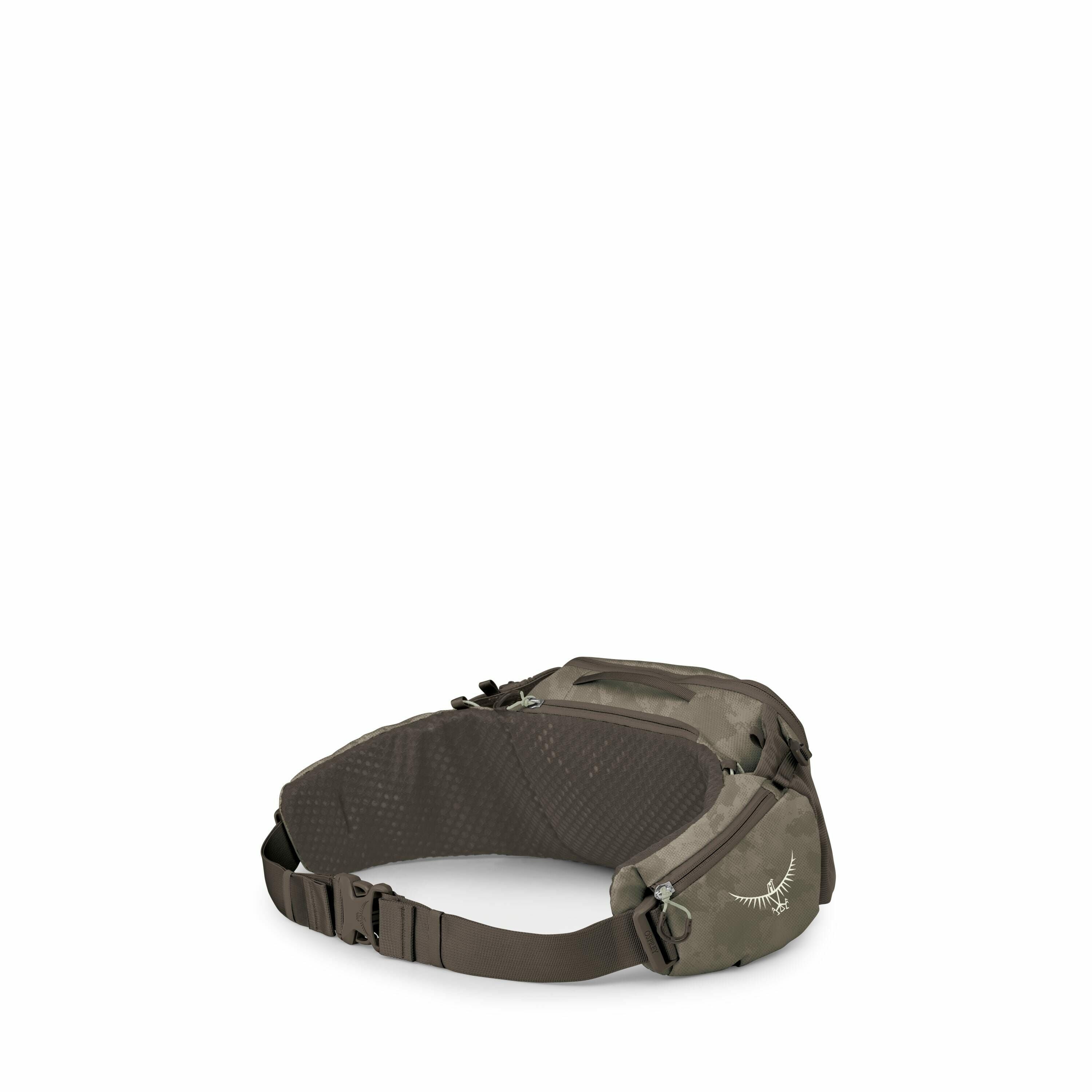 The images show a collection of Osprey hip packs, specifically designed for outdoor activities, featuring a sleek and compact design. The first two images depict two hip packs in different colors, brown and green, both of which have adjustable straps and