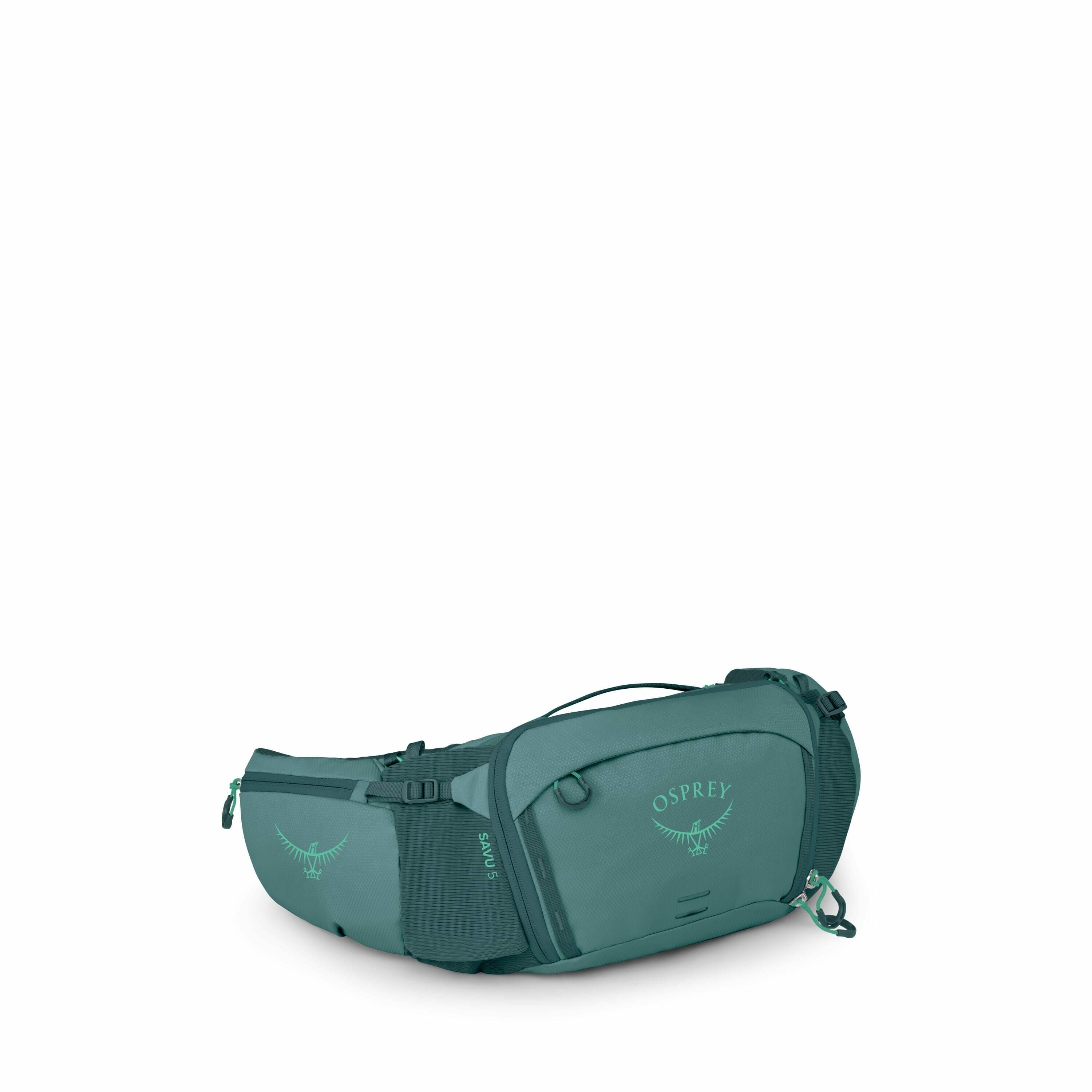 The images depict a green Osprey waist pack, gradually disappearing from full visibility to a minimal view in several stages. The bag has a sleek, outdoor-oriented design with multiple compartments, complete with zippers and small utility loops. Prominent