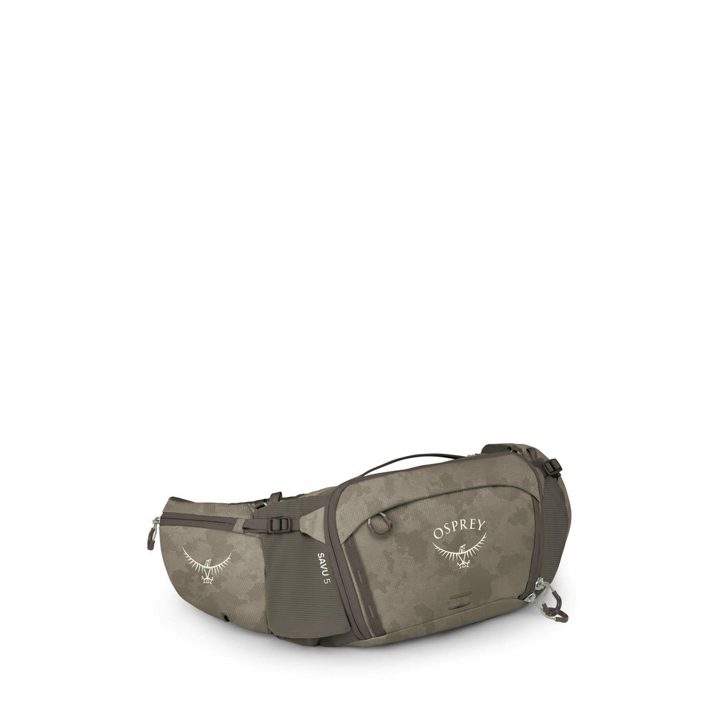 The image showcases a waist pack by Osprey, a brand known for its outdoor gear. The pack is primarily featured in a green camouflage pattern with the Osprey logo prominently displayed. It has multiple compartments, zippers, and adjustable straps for secur