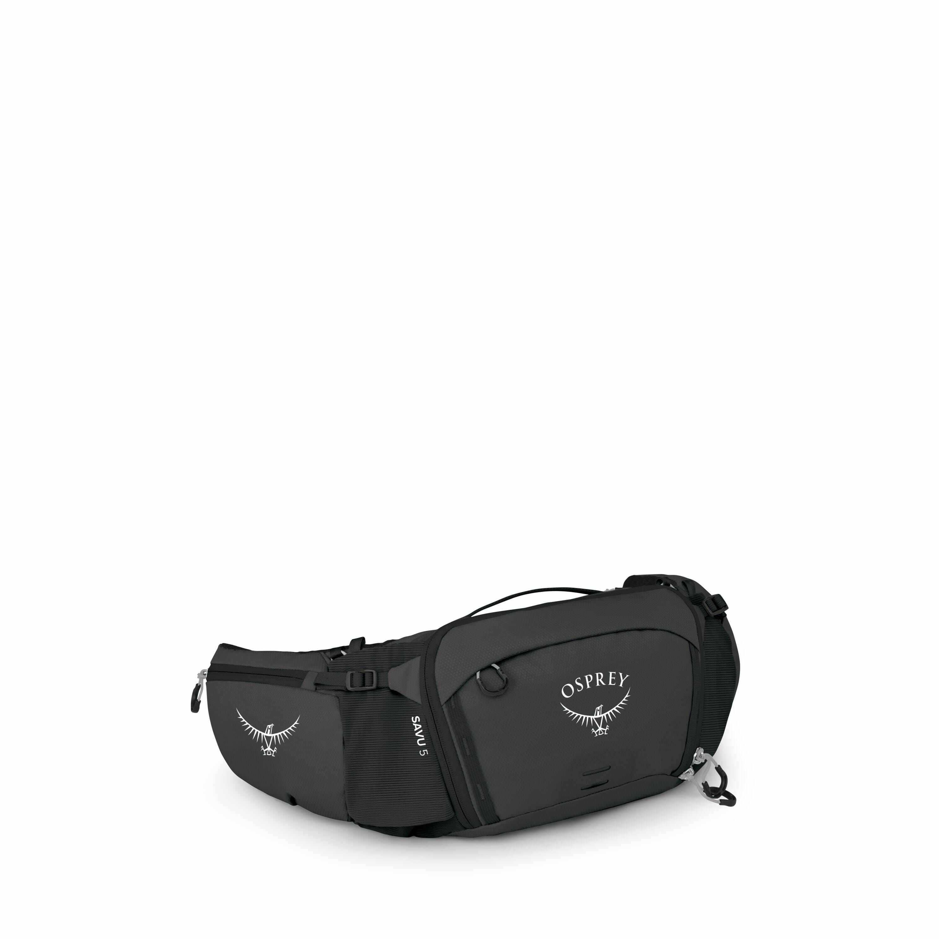 The image shows a black Osprey waist pack designed for outdoor activities. The front of the pack prominently displays the Osprey logo, which is a stylized white emblem resembling an osprey bird. The pack features multiple compartments and pockets, as indi