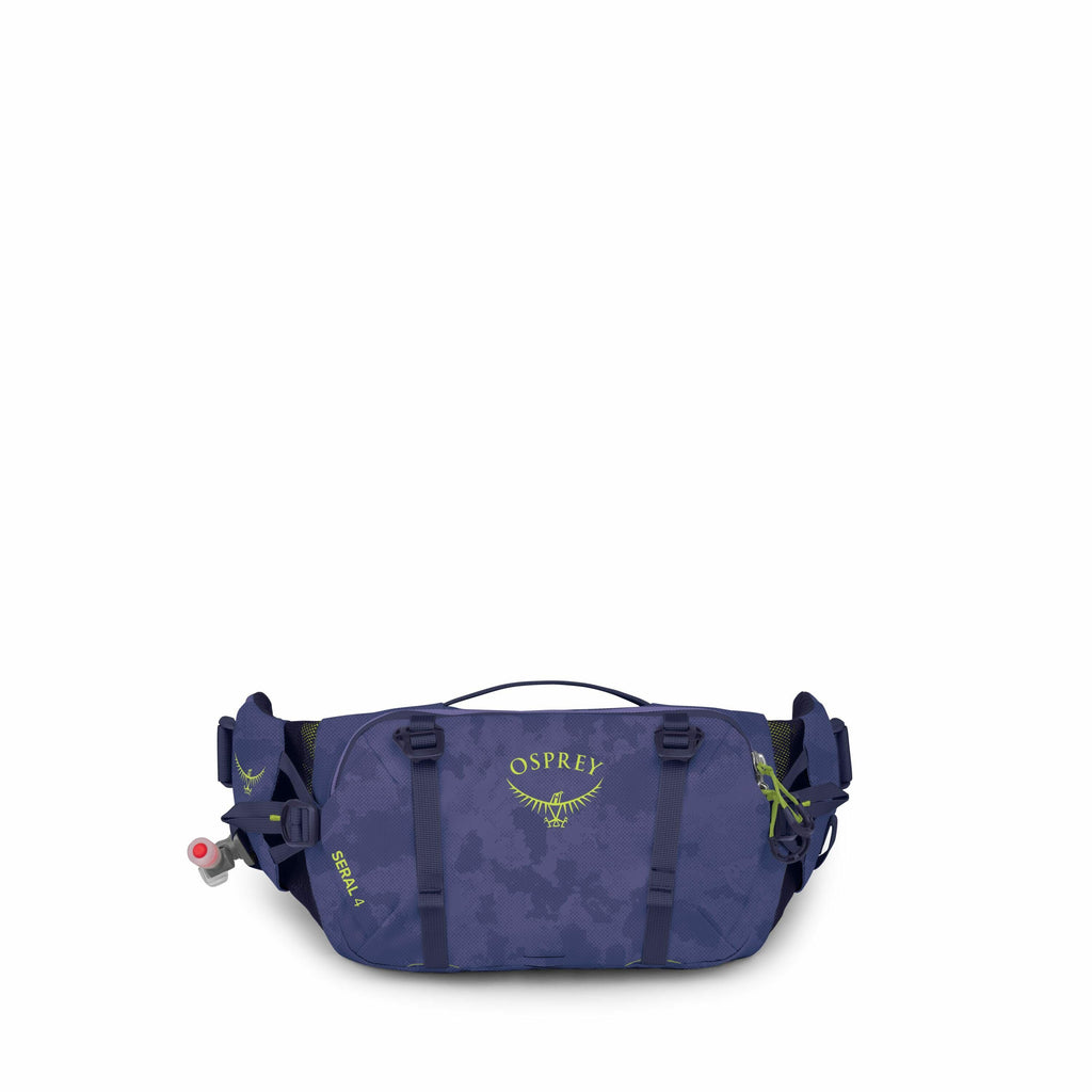 The image features a blue Osprey hip pack designed for outdoor activities. It has a camo pattern with neon green accents, including the Osprey logo and other branding elements like "SERRA 4" written on the side. The pack is equipped with multiple straps,