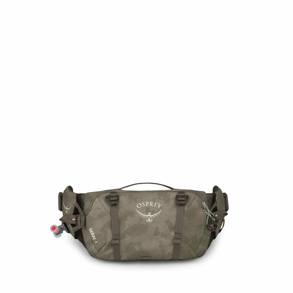 The image series appears to showcase a Siskin model waist pack from the brand Osprey, displayed in various colors and configurations. In the first image, the waist pack is shown in a brownish color, featuring the Osprey logo prominently on the front, with