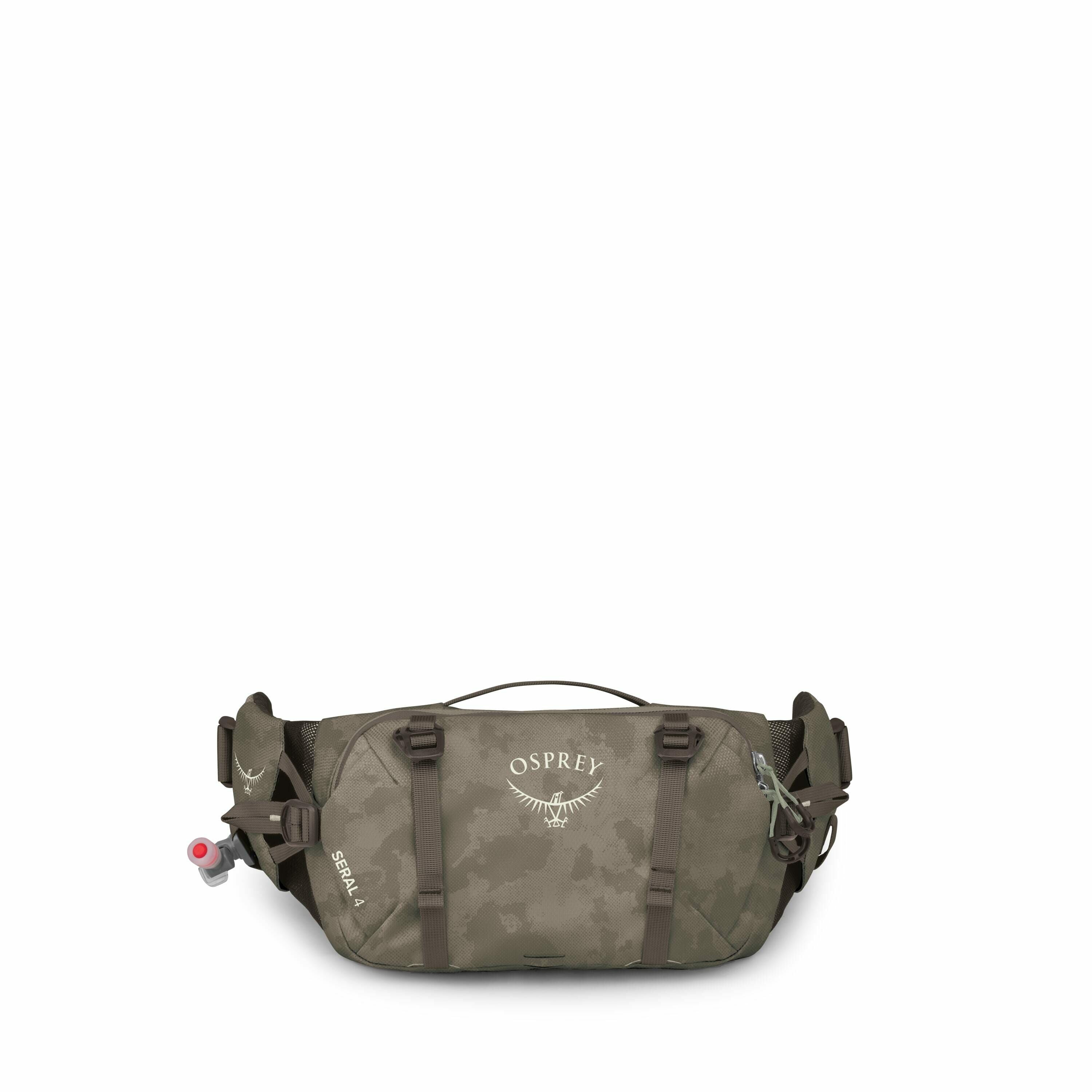 The image series appears to showcase a Siskin model waist pack from the brand Osprey, displayed in various colors and configurations. In the first image, the waist pack is shown in a brownish color, featuring the Osprey logo prominently on the front, with