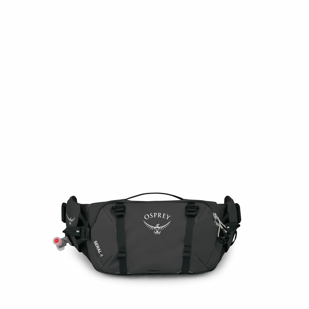 The images showcase an Osprey hip pack, specifically the Seral 4 model, in a sleek black design. The pack features the Osprey logo prominently on its front, along with two adjustable straps for securing additional gear. The design includes a hydration tub