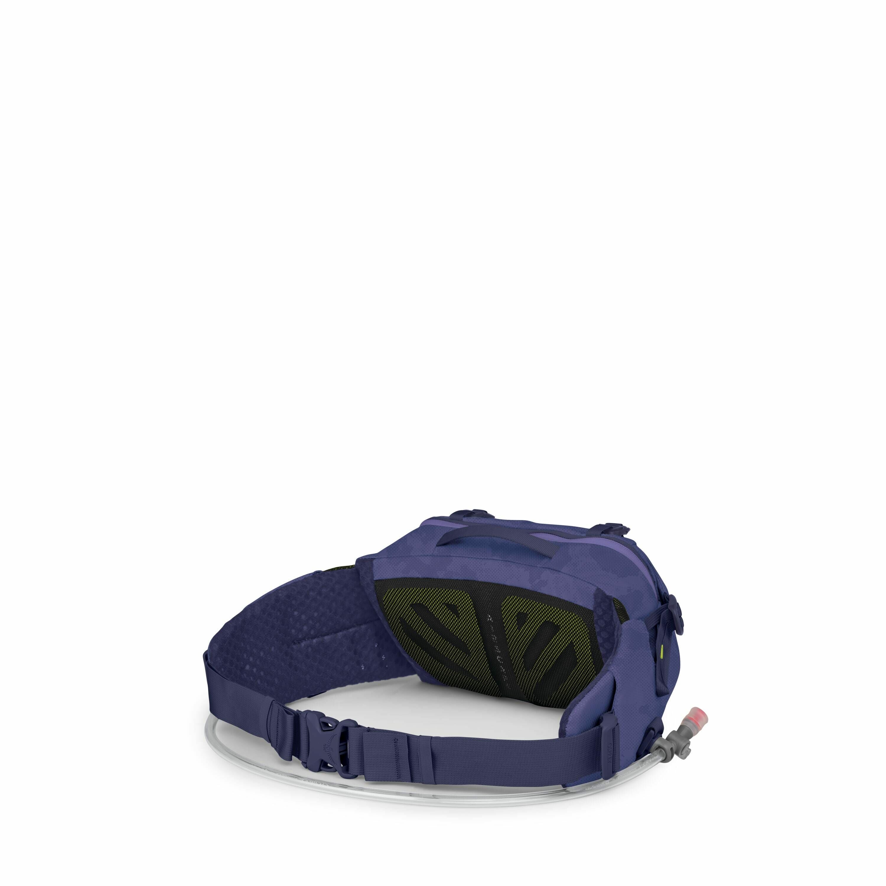 The image depicts a dark blue waist bag designed for hydration, likely used for outdoor activities such as hiking or biking. It features a padded back panel in a contrasting green color for added comfort, with an adjustable waist strap and buckle for secu