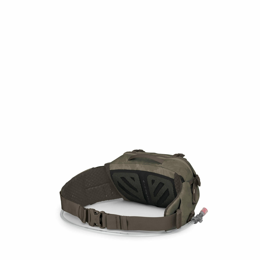 The image displays a compact hydration waist pack designed for outdoor activities. It features a secure adjustable waist strap with a buckle closure for easy wearing. The pack includes a mesh padded back panel for comfort and ventilation. A transparent hy