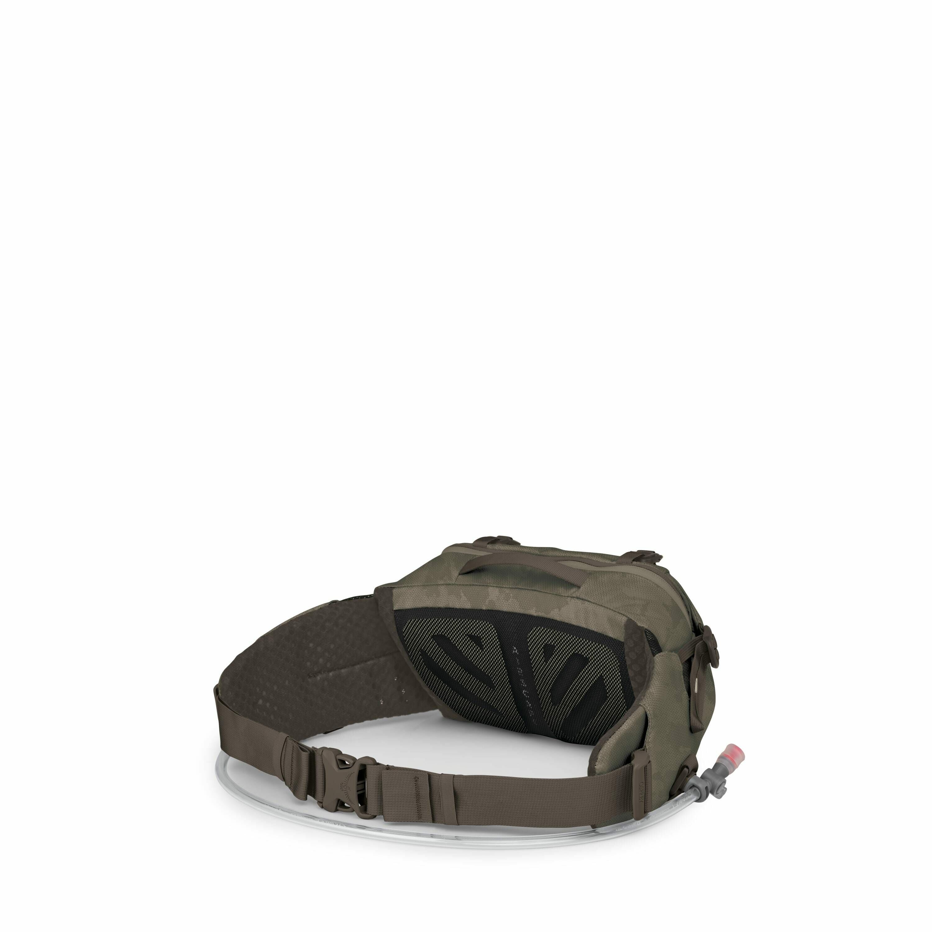 The image displays a compact hydration waist pack designed for outdoor activities. It features a secure adjustable waist strap with a buckle closure for easy wearing. The pack includes a mesh padded back panel for comfort and ventilation. A transparent hy