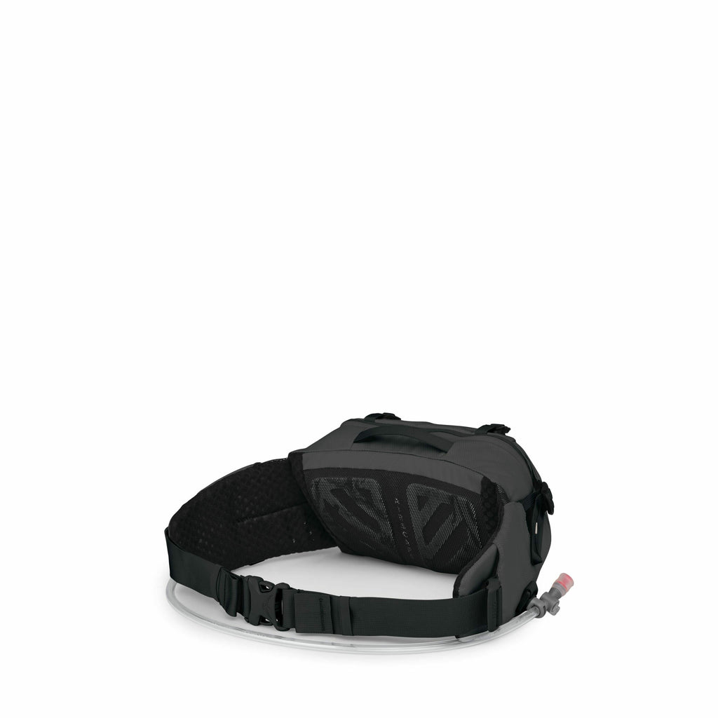 The image features a black waist pack, designed for carrying essentials during activities like hiking or running. This pack includes a wide strap with an adjustable buckle, ensuring a secure fit around the waist. The back of the pack has a padded section