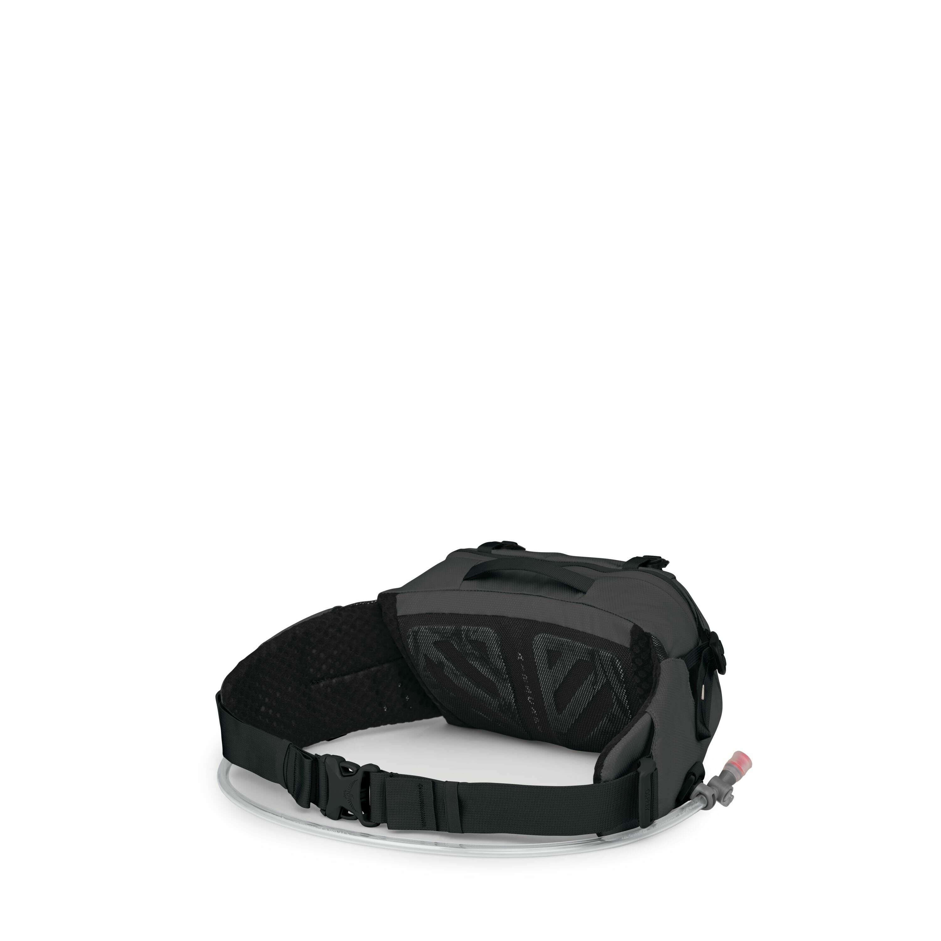 The image features a black waist pack, designed for carrying essentials during activities like hiking or running. This pack includes a wide strap with an adjustable buckle, ensuring a secure fit around the waist. The back of the pack has a padded section