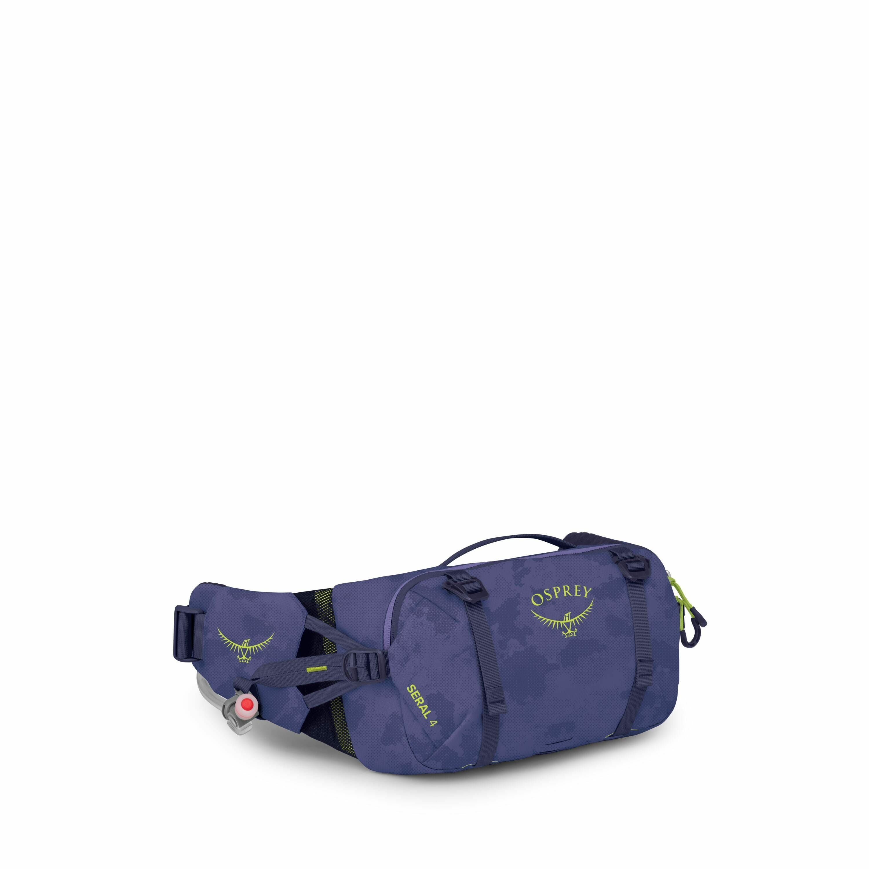 The image features a stylish waist pack made by Osprey, labeled "Seral 4." The waist pack is predominantly navy blue with a subtle camouflage pattern and lime green accents, including the Osprey logo and zipper pull. The pack includes multiple straps and