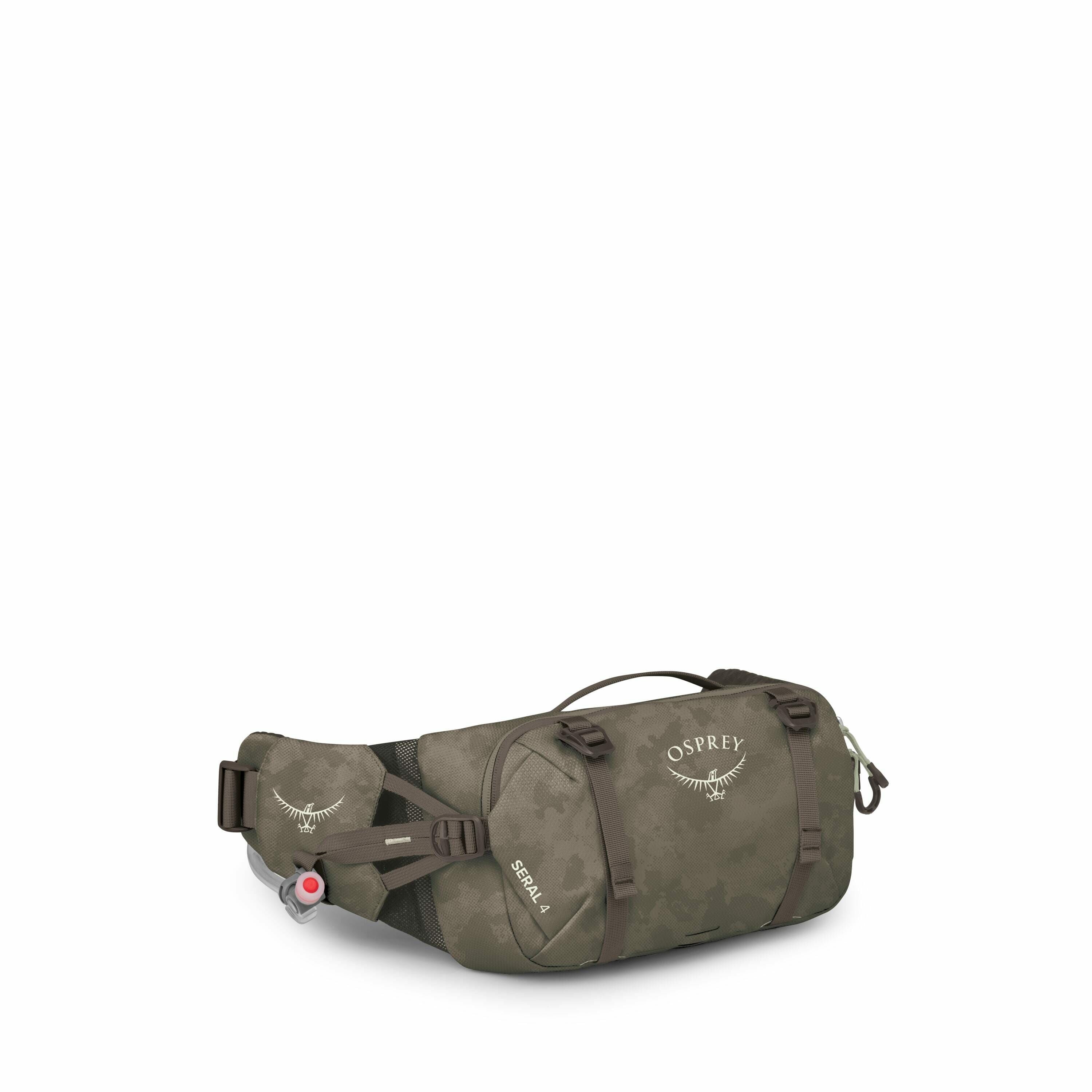 The image depicts a green waist pack made by Osprey, a company known for outdoor and adventure gear. The waist pack has a camouflage pattern and includes a main compartment along with additional smaller pockets or straps, suitable for organizing essential
