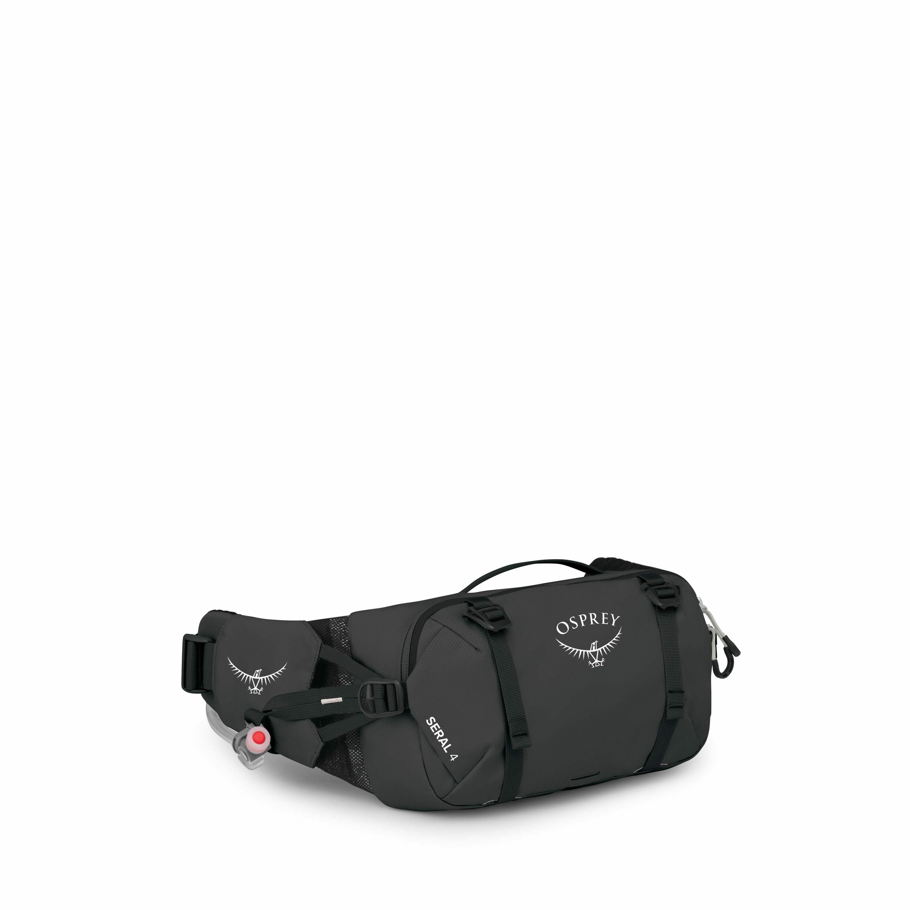 The image displays a black Osprey Seral 4 waist pack, which is designed for outdoor activities and convenient hydration. The pack features multiple compartments and is equipped with a hose and nozzle for a hydration system, allowing easy access to drinkin