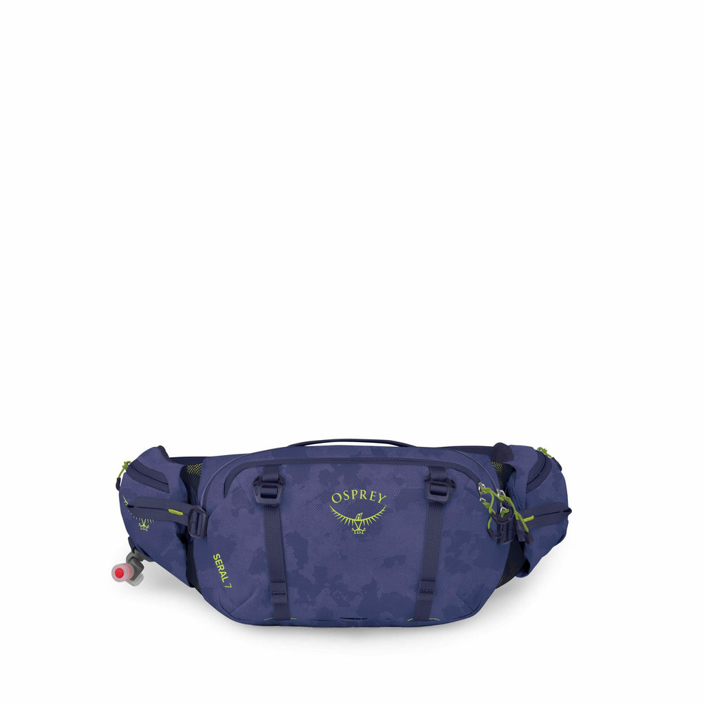 The image features a deep blue Osprey hip bag with bright green accents, designed for outdoor activities such as hiking or cycling. The bag is compartmentalized and has adjustable straps for a secure fit around the waist, featuring multiple pockets and co