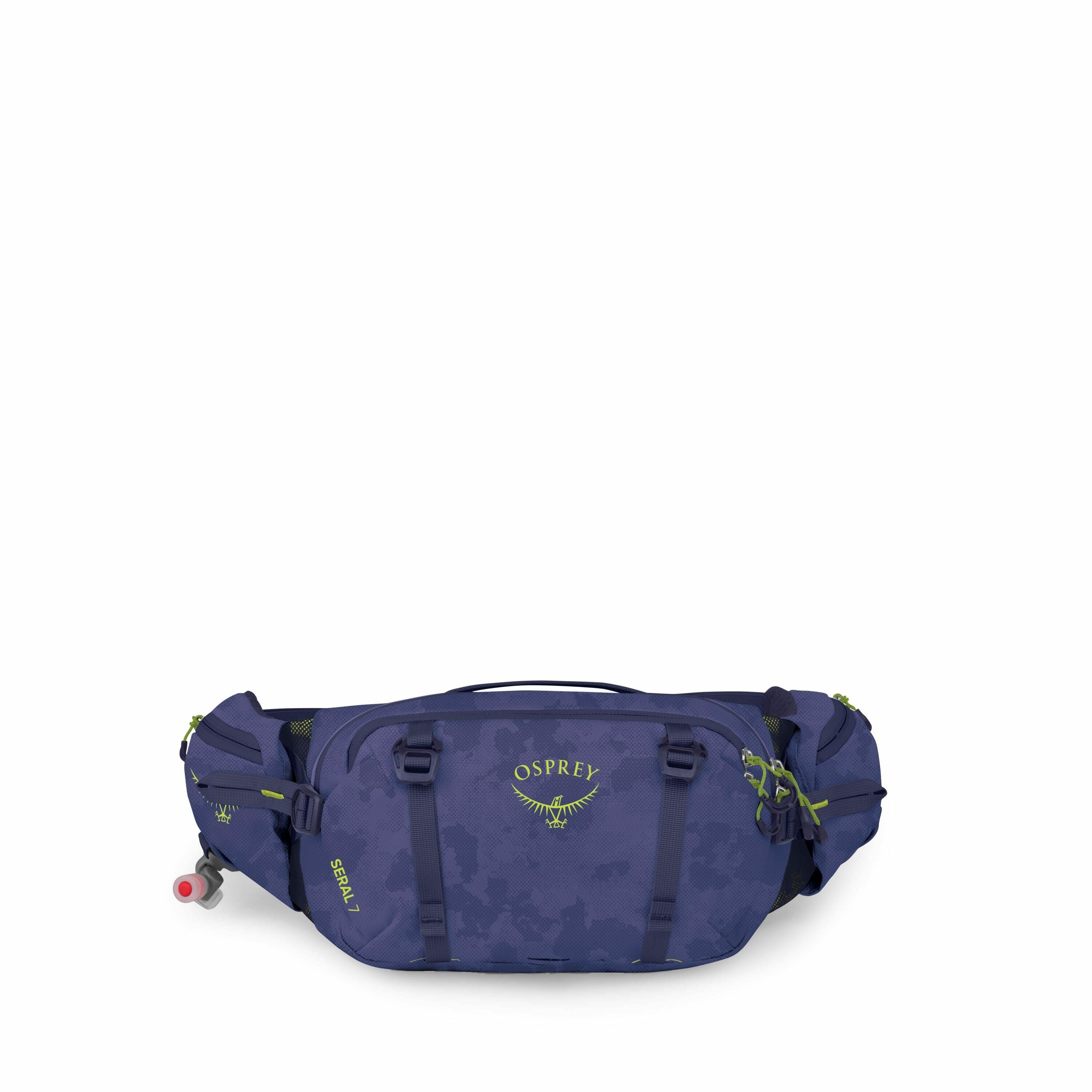 The image features a deep blue Osprey hip bag with bright green accents, designed for outdoor activities such as hiking or cycling. The bag is compartmentalized and has adjustable straps for a secure fit around the waist, featuring multiple pockets and co