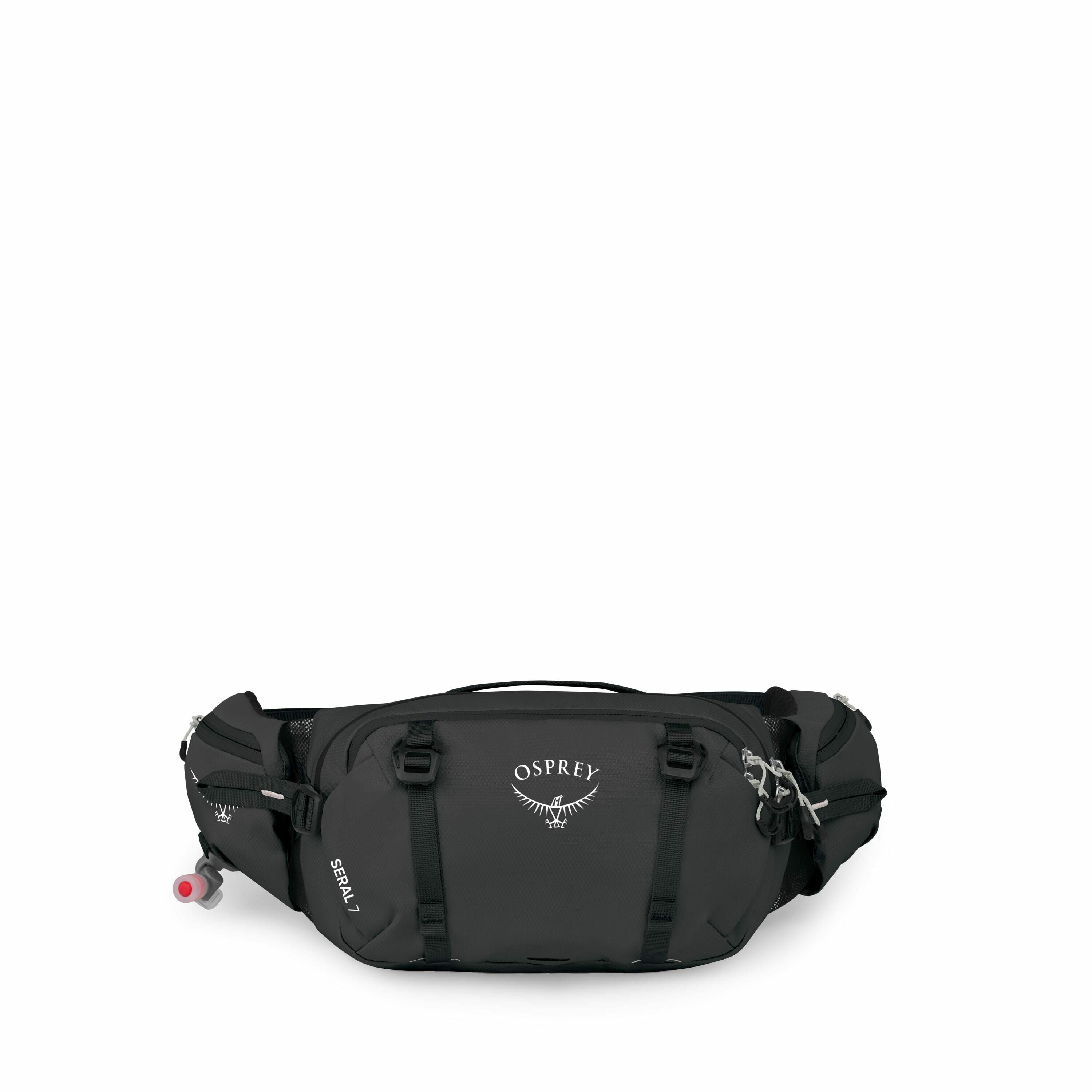 The image features a black Osprey Seral 7 waist pack, designed for outdoor and active use. It has the Osprey logo prominently displayed on the front along with the model name "SERAL 7". The pack includes multiple compartments with zippers, adjustable stra