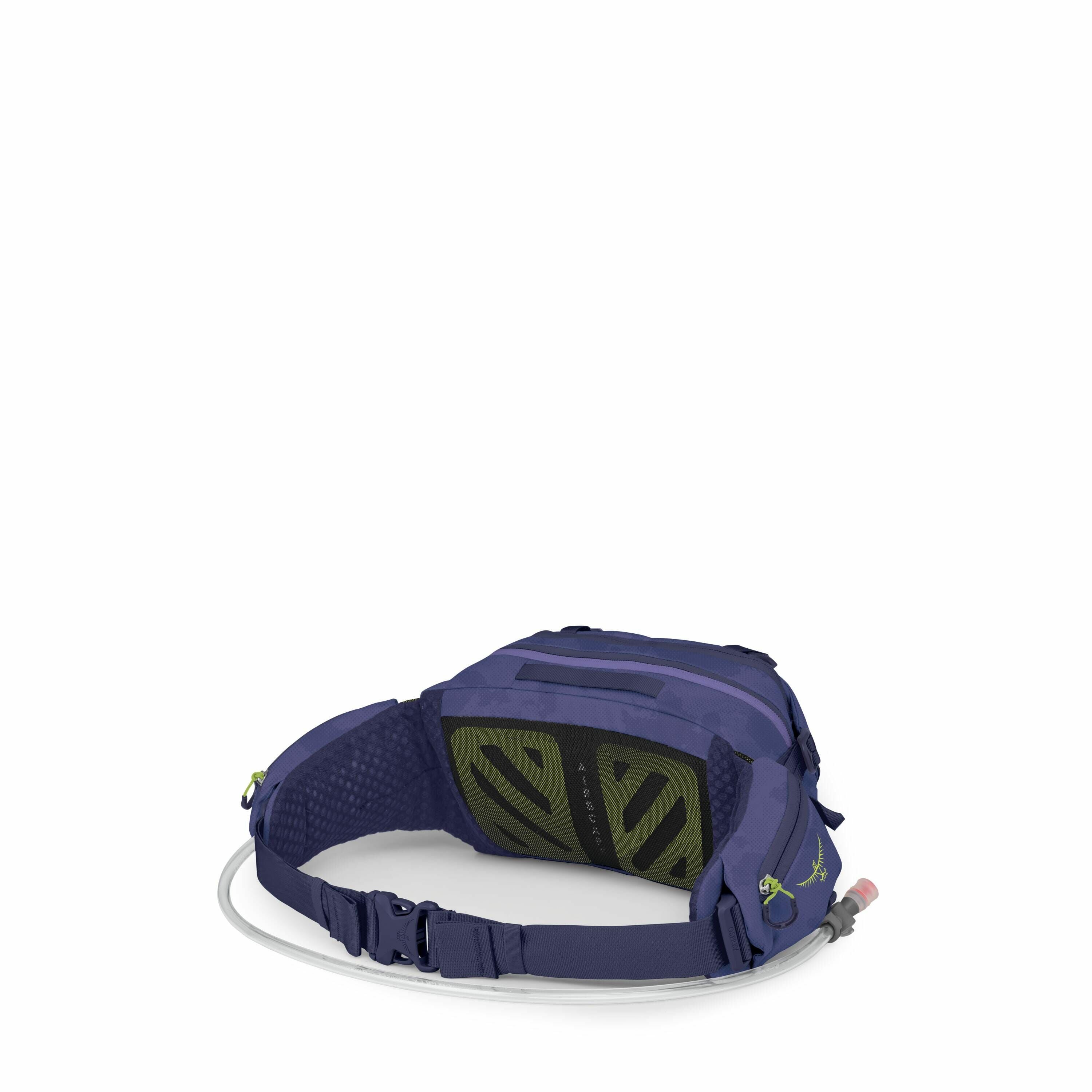 The image showcases a waist bag designed for outdoor activities, prominently featuring an Osprey logo on its side. The bag is a deep blue color with lime green accents, notably on the pull tabs and logo. Its back panel displays two green padded sections f