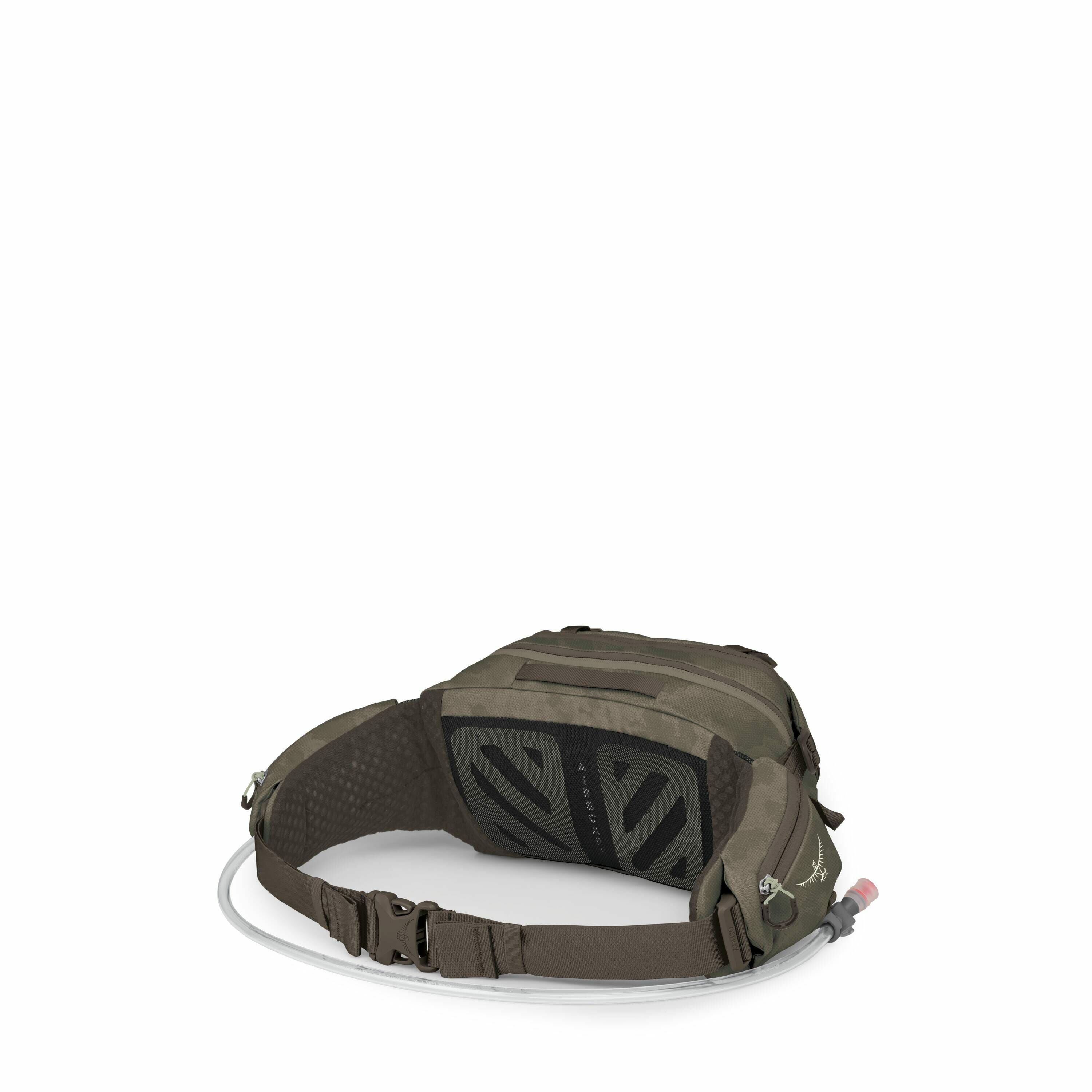 The image features a compact, green-colored waist pack designed for outdoor activities. It includes a main zippered compartment and smaller pockets for organizing essentials, and features the Osprey logo prominently on the front. The adjustable waist stra