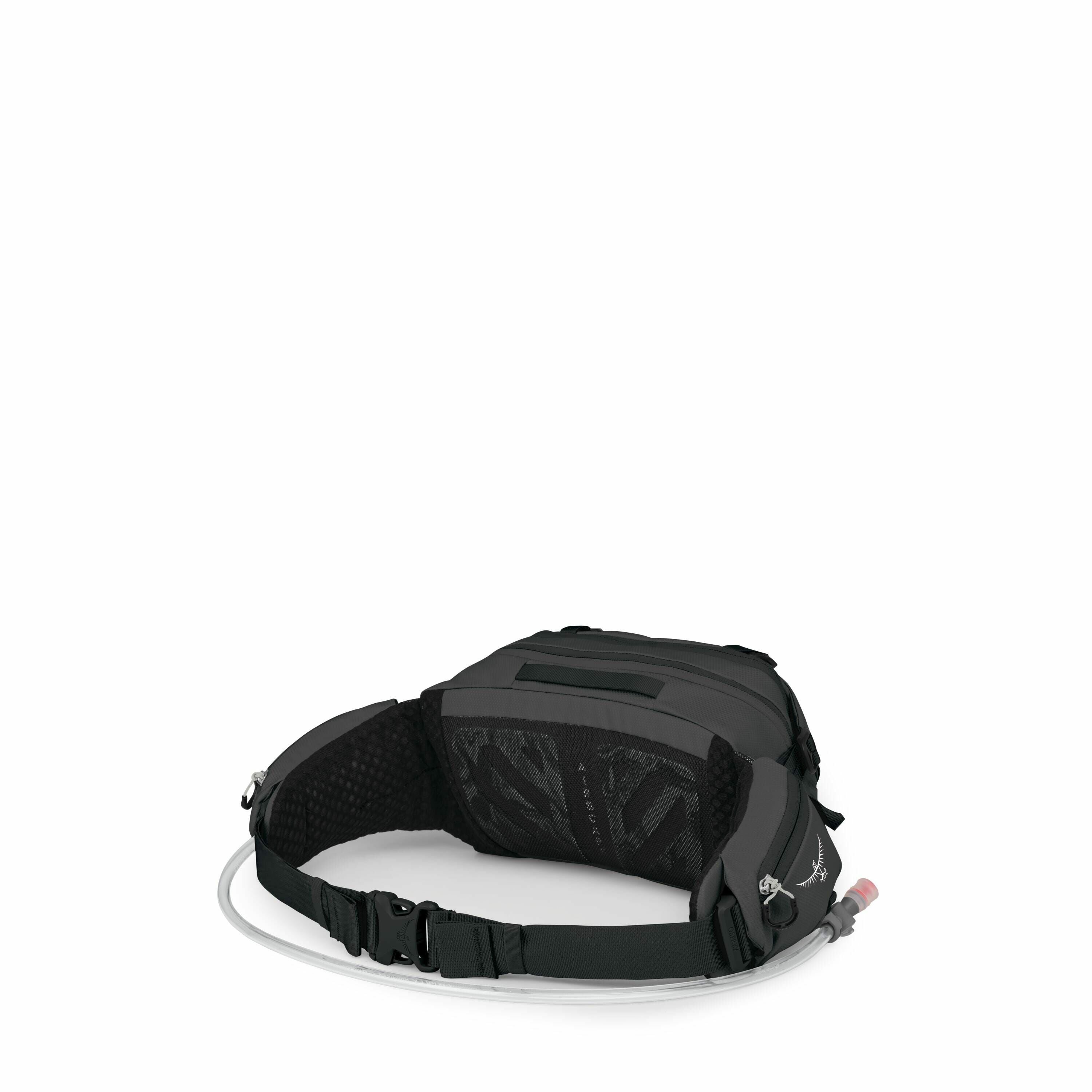 The image features a black waist pack designed for outdoor activities, such as hiking or running. The pack is equipped with a hydration system, evident from the hose extending from the side and a nozzle with a red tip. It has an adjustable waist strap wit