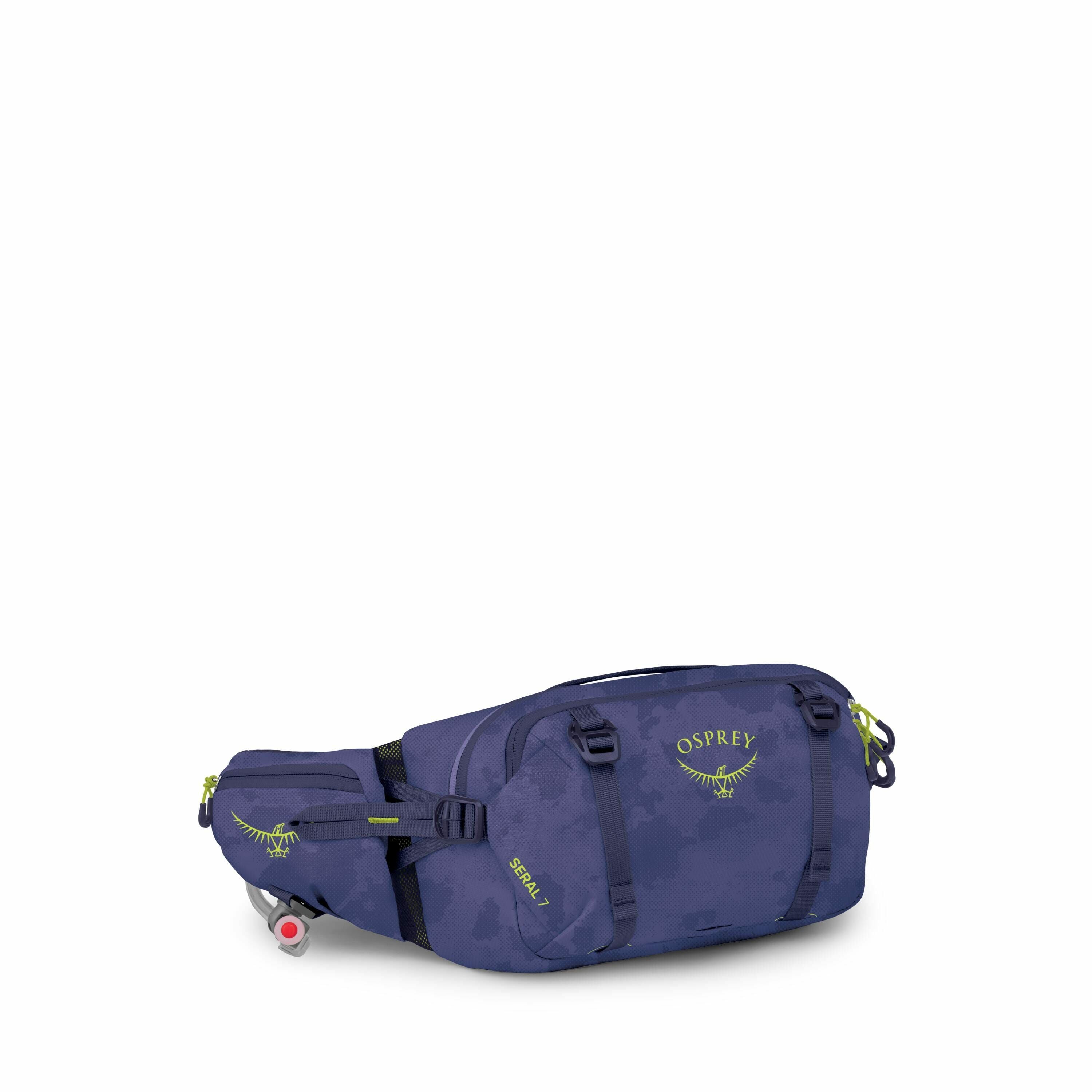 The image sequence appears to be a series of layers or components of a backpack or waist pack, specifically from the brand Osprey. Initially, we see the complete product, which is a blue waist pack with "Osprey" printed in green along with a logo depictin