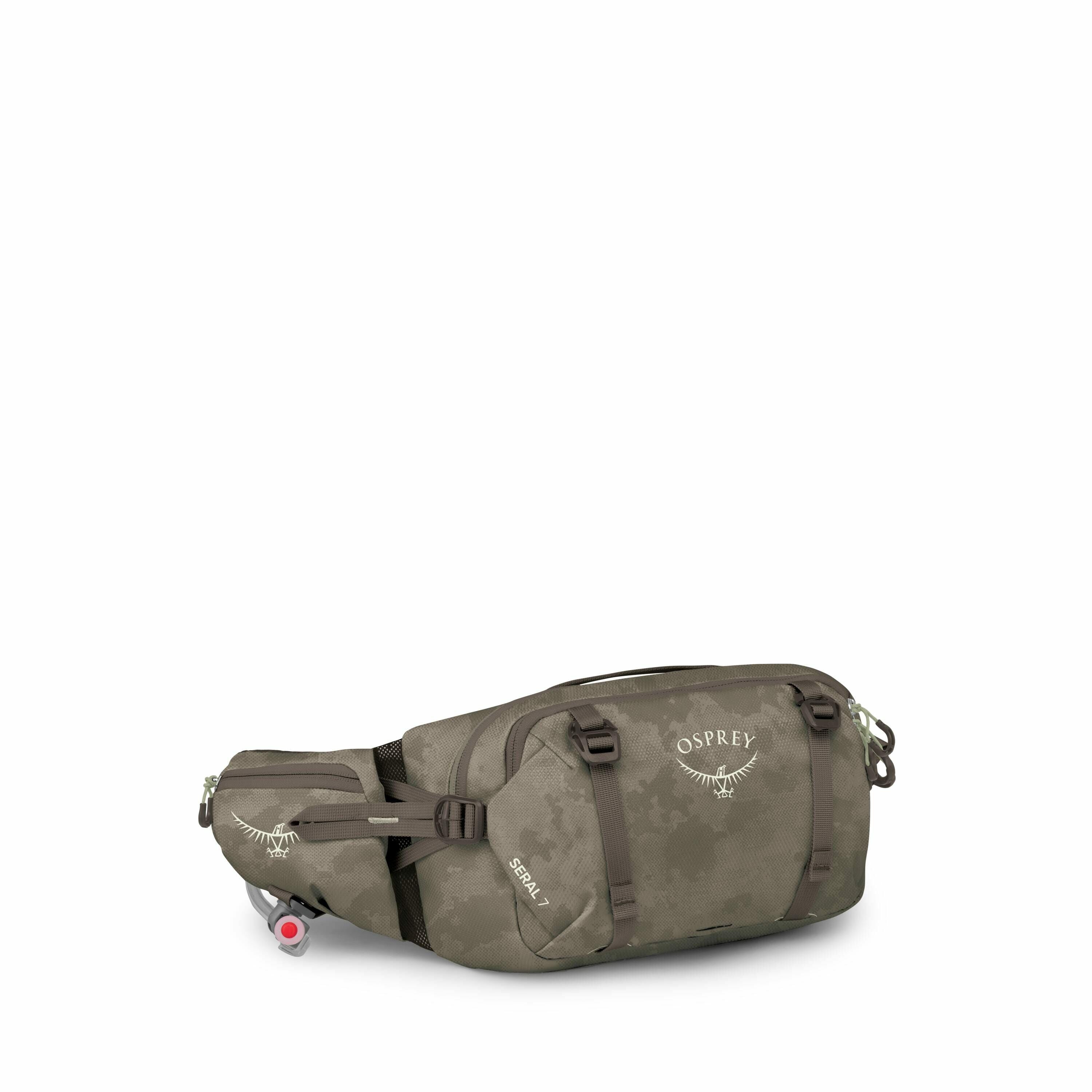 The image depicts an Osprey waist pack, specifically the Osprey Seral 7 model, designed for carrying items securely around the waist. It is shown in various colors including a digital camouflage pattern and green, featuring adjustable straps for comfort a