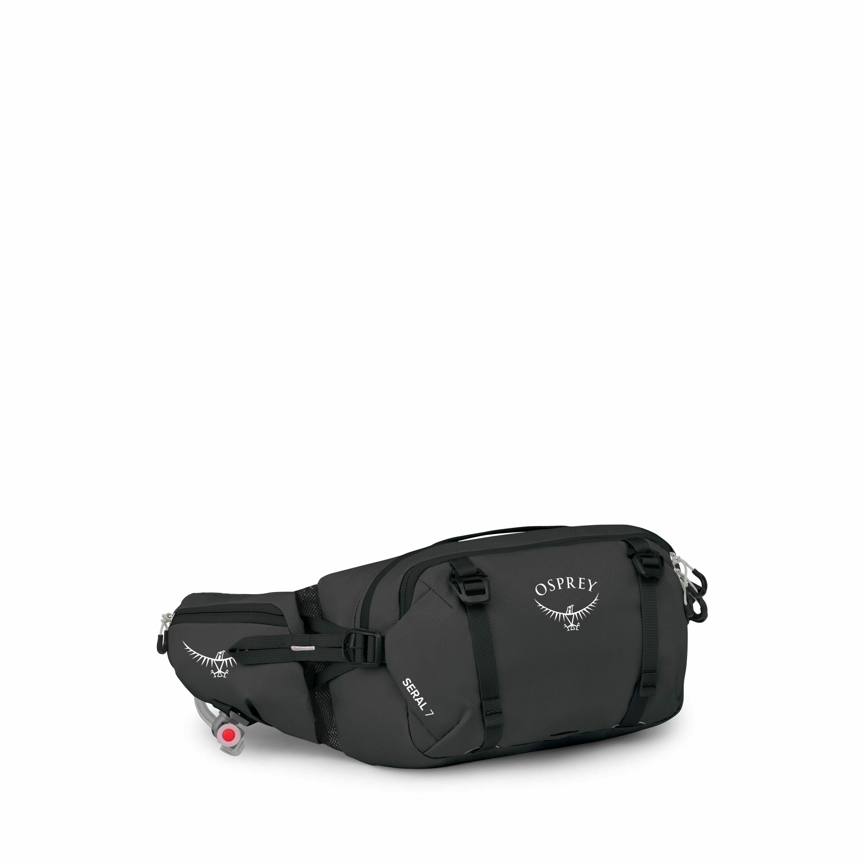 The image depicts a black Osprey Seral 7 waist pack designed for outdoor activities, particularly biking or hiking. It has several compartments and straps, providing ample storage and versatility. The Osprey logo, featuring a bird with outstretched wings,