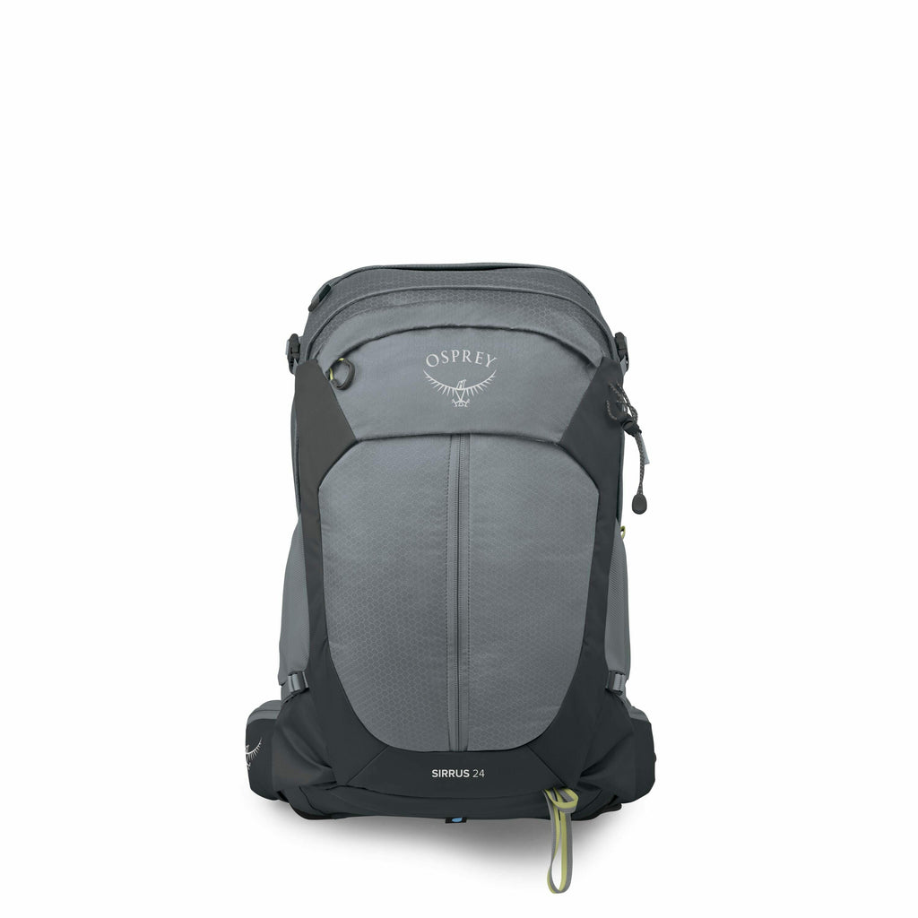 The image features a backpack from the brand Osprey, specifically the Sirrus 24 model. The backpack is primarily grey with black accents and features a sleek, modern design. It has several compartments and pockets for organizing items, with sturdy straps