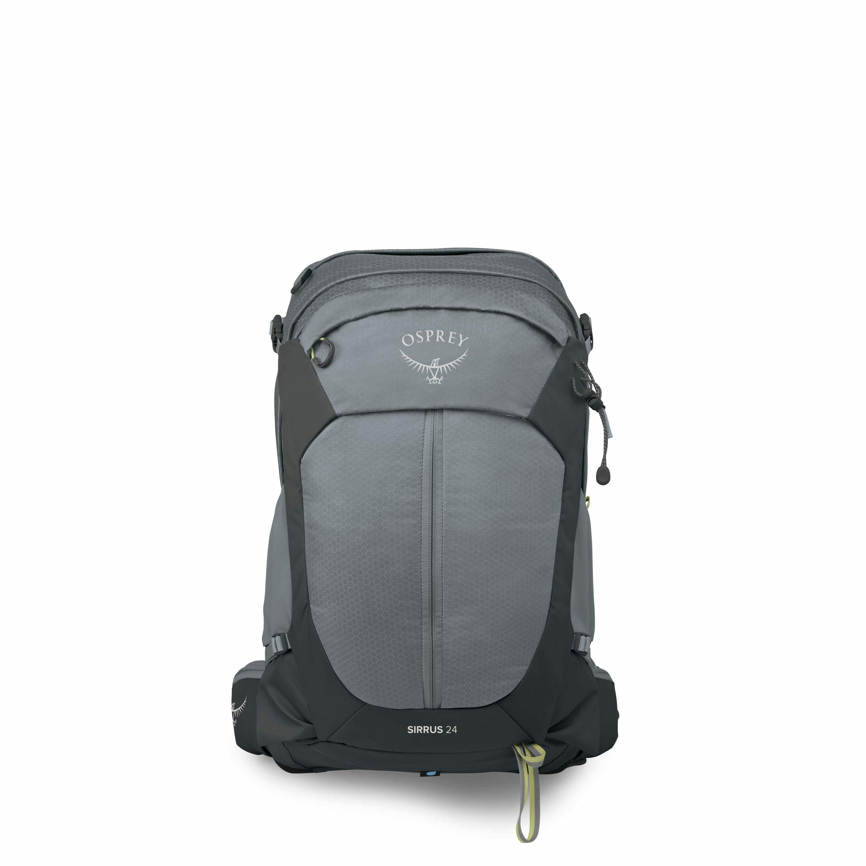 The image features a backpack from the brand Osprey, specifically the Sirrus 24 model. The backpack is primarily grey with black accents and features a sleek, modern design. It has several compartments and pockets for organizing items, with sturdy straps