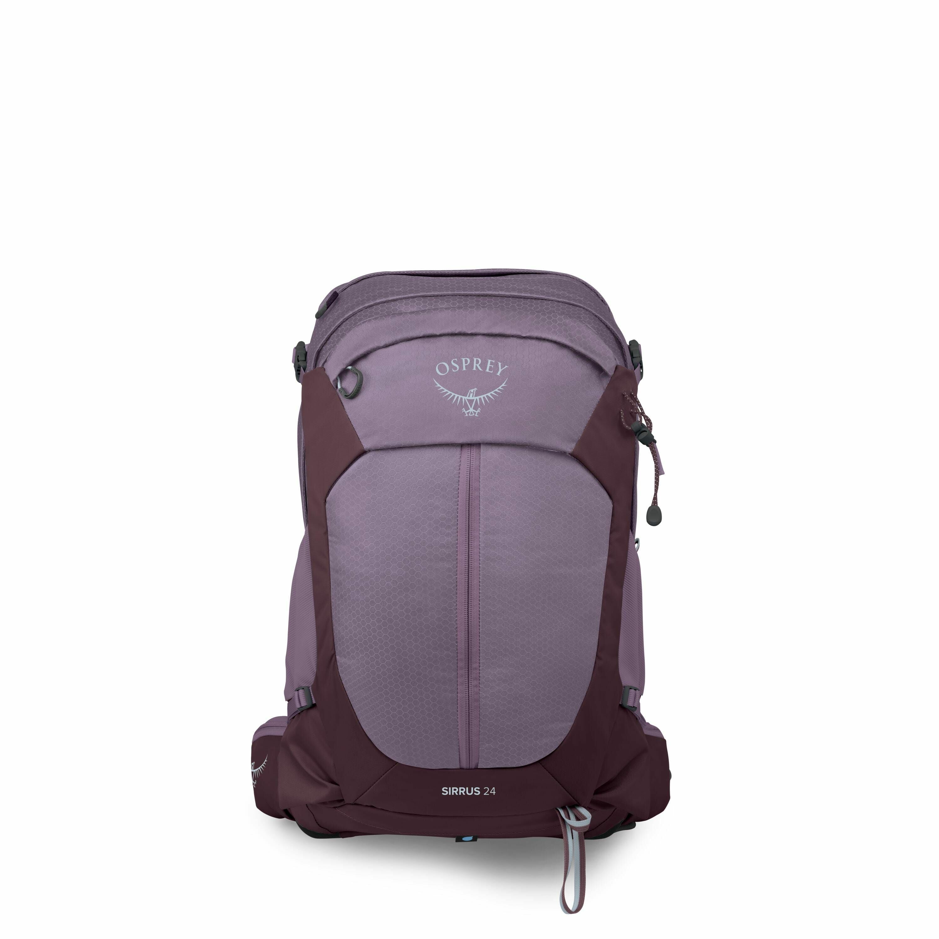 The image showcases an Osprey backpack from the front view. The backpack is primarily a lavender color with darker purple accents, and it prominently displays the Osprey logo at the top center, with a graphic of a bird in flight. The model name "Sirrus 24