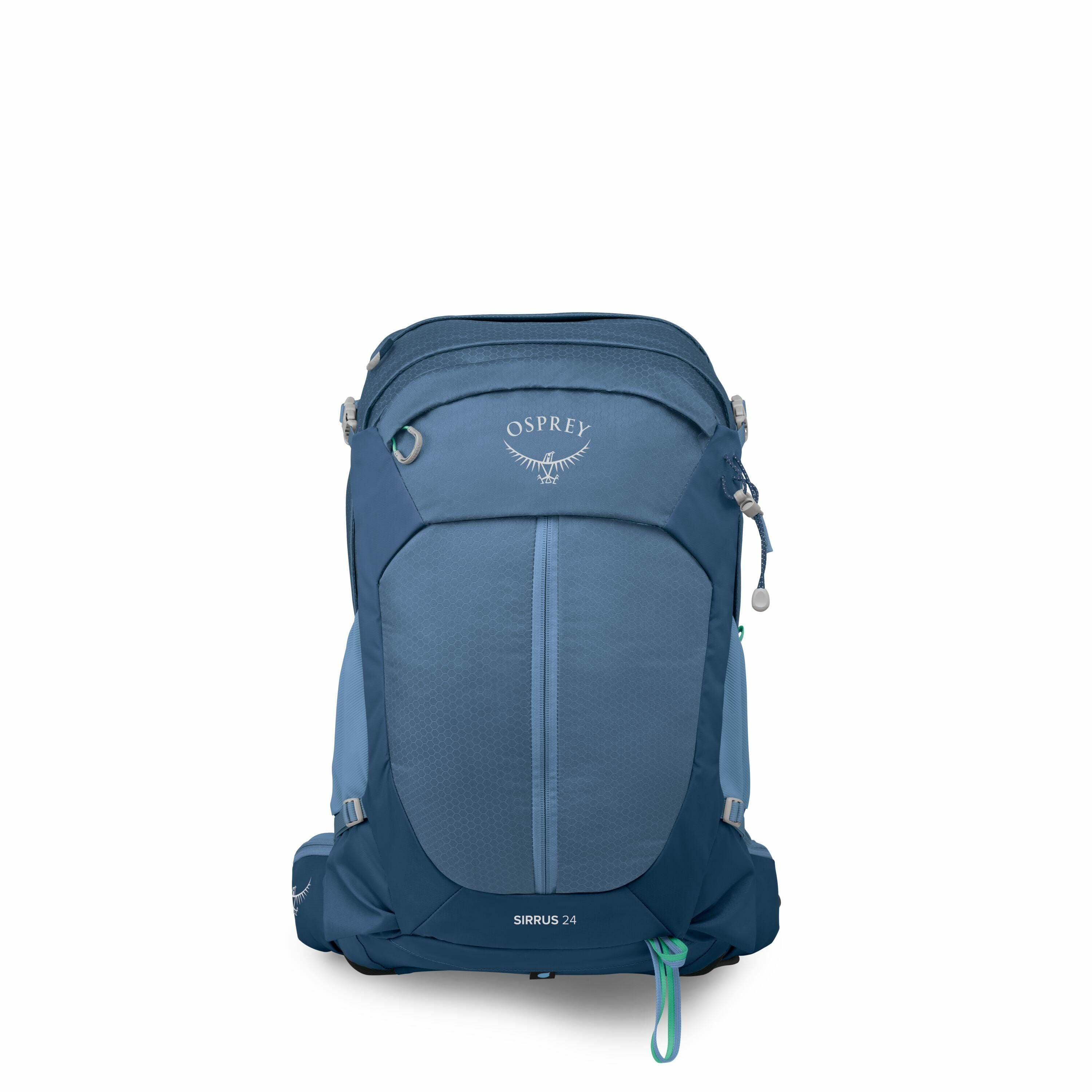 The image showcases a blue Osprey Sirrus 24 backpack. The front of the backpack features a sleek design with multiple shades of blue, giving it a layered look. The Osprey logo is prominently displayed near the top of the bag, adding to its brand recogniti