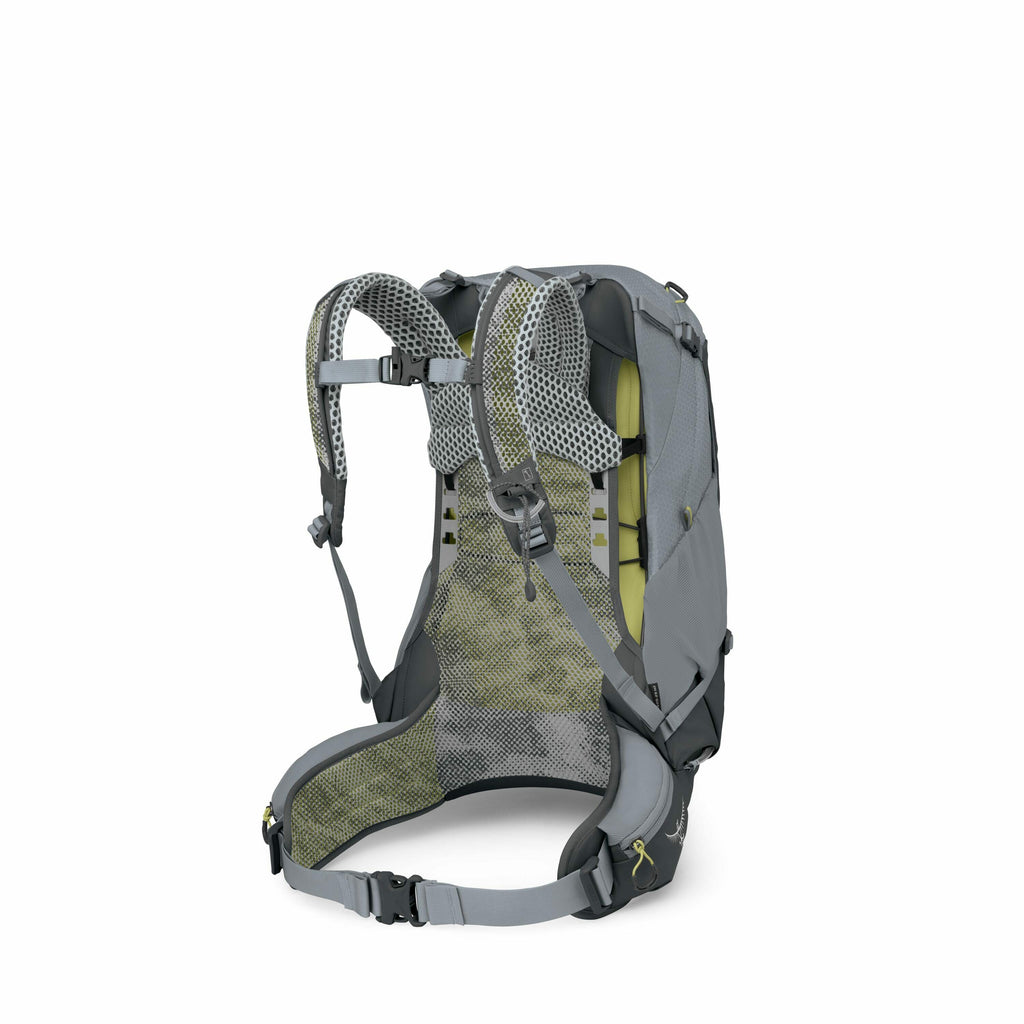 The image shows a gray backpack, viewed from the back, designed with functionality in mind, likely for hiking or outdoor activities. It features padded shoulder straps and a mesh back panel for breathability and comfort. The backpack includes an adjustabl