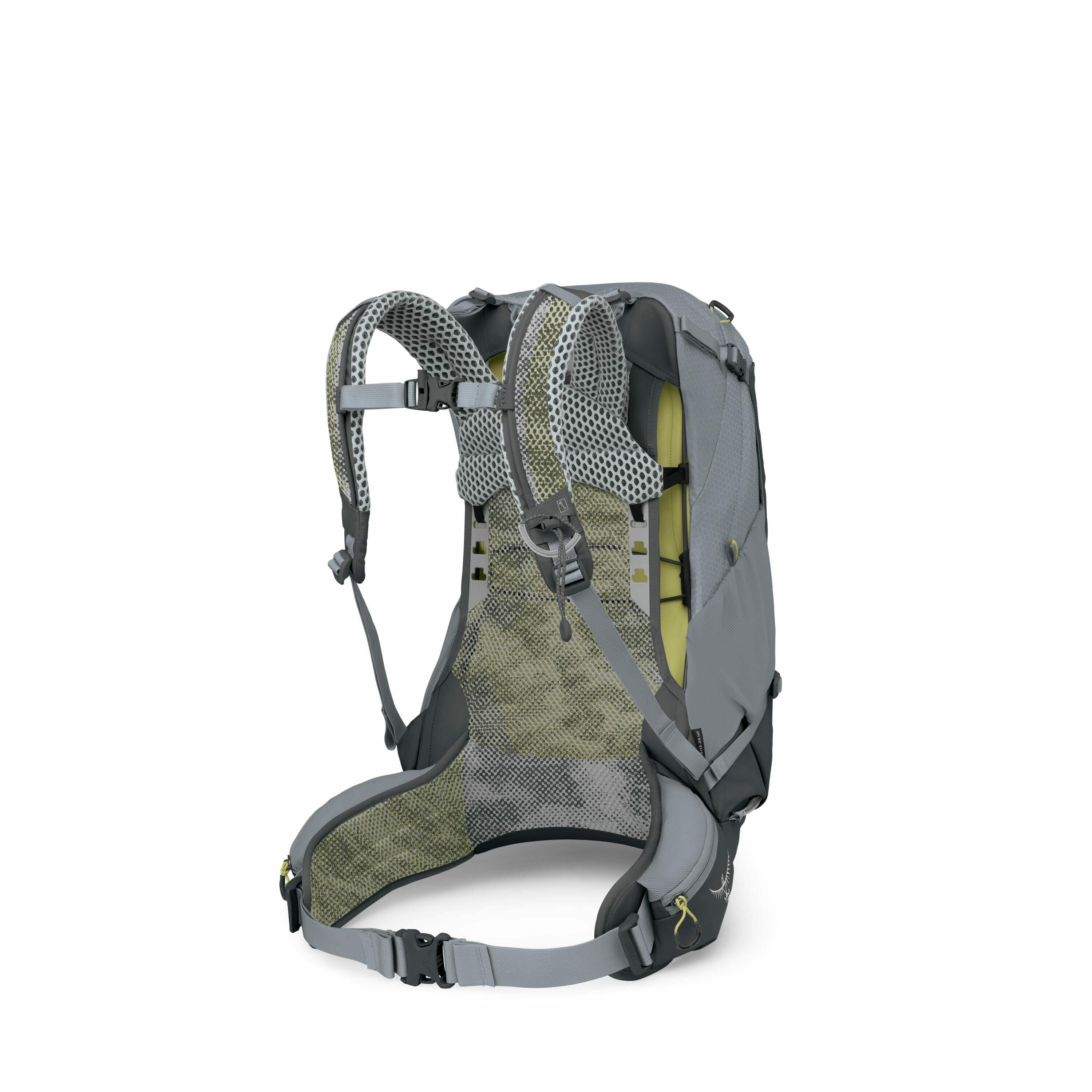 The image shows a gray backpack, viewed from the back, designed with functionality in mind, likely for hiking or outdoor activities. It features padded shoulder straps and a mesh back panel for breathability and comfort. The backpack includes an adjustabl