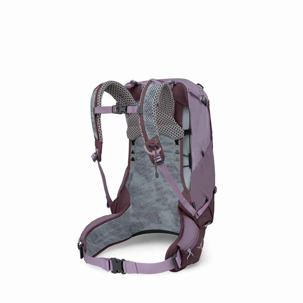The images show various views and components of an Osprey backpack. The main image highlights the back view of the backpack, showcasing the padded shoulder straps, mesh back panel, and hip belt, designed for comfort and breathability. The backpack is pred