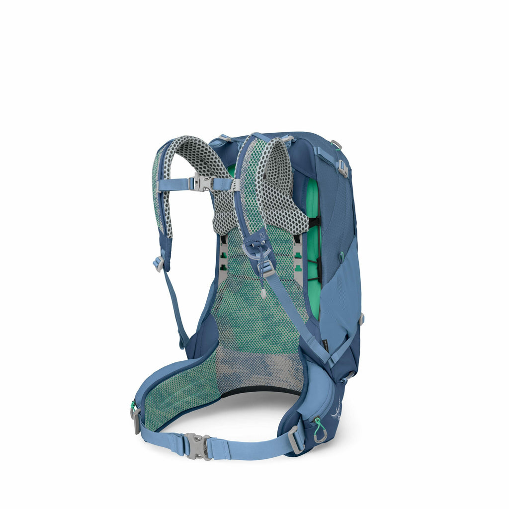 The image shows a blue and green backpack designed for outdoor activities, such as hiking. The back view of the backpack reveals a well-ventilated mesh back panel and padded shoulder straps, which feature a polka dot pattern for added comfort. There are m
