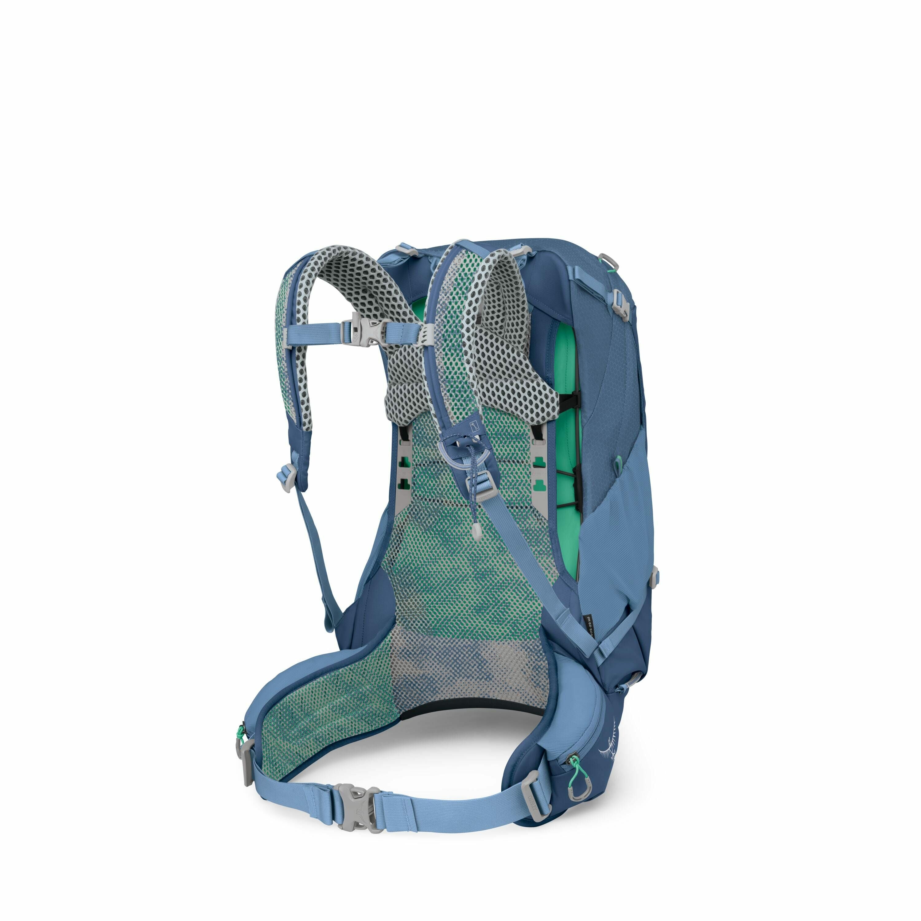 The image shows a blue and green backpack designed for outdoor activities, such as hiking. The back view of the backpack reveals a well-ventilated mesh back panel and padded shoulder straps, which feature a polka dot pattern for added comfort. There are m