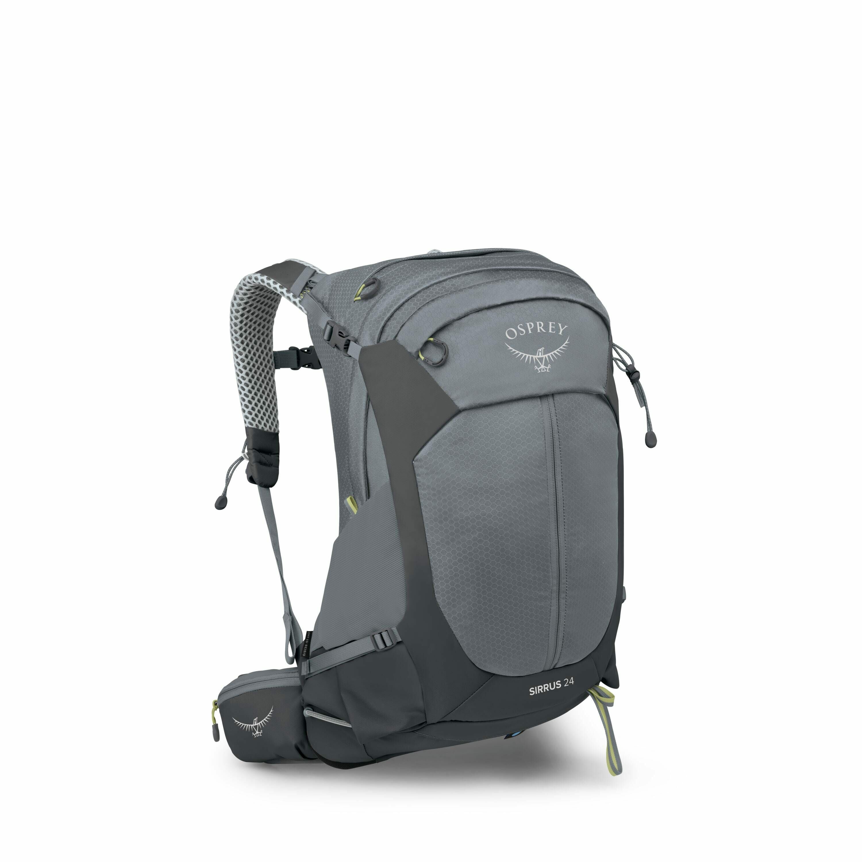 The image features a grey Osprey Sirrus 24 backpack, designed for outdoor activities like hiking or day trips. The backpack has a sleek and modern design, with a combination of smooth and textured materials. Prominently visible is the Osprey logo on the t