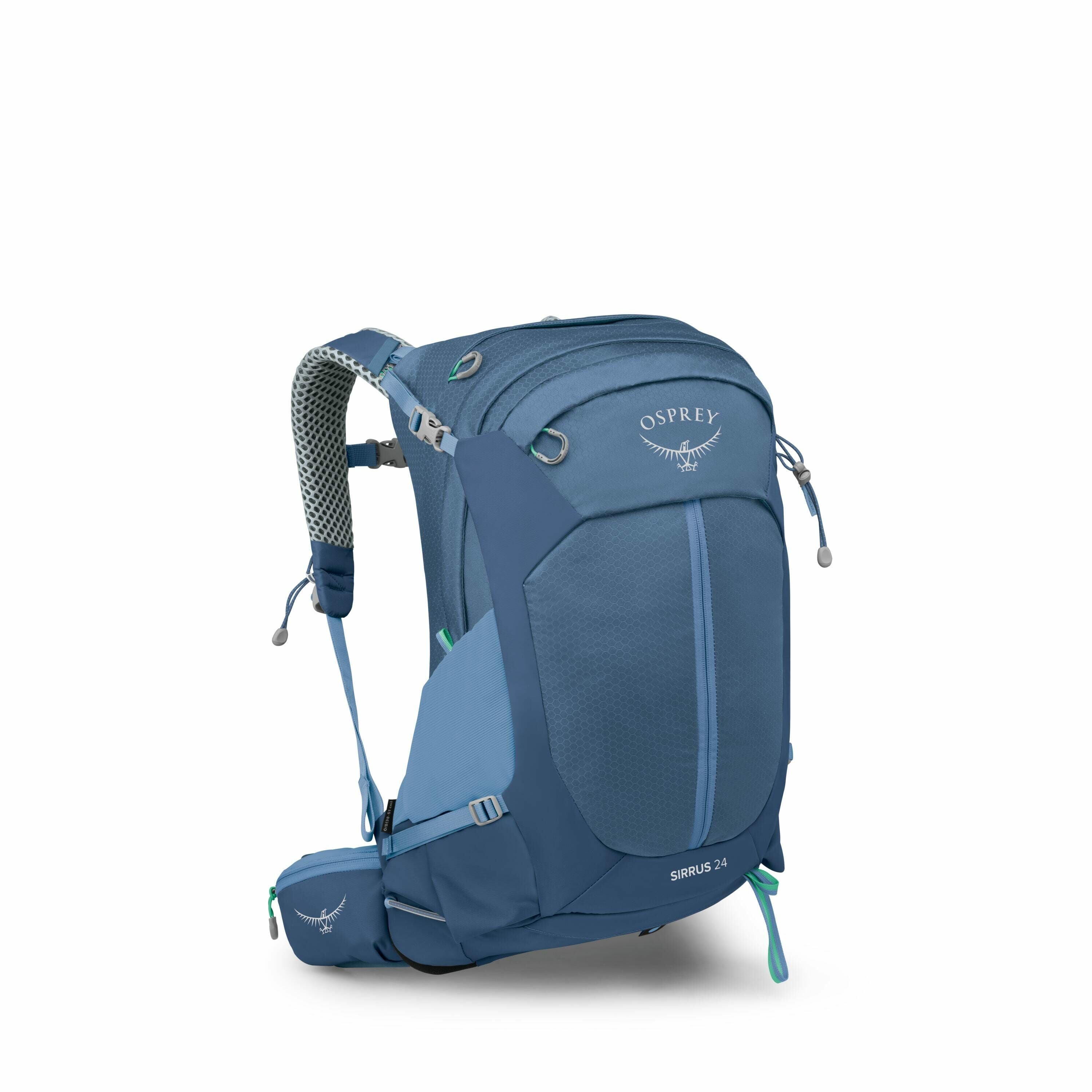 The image showcases a blue Osprey backpack, specifically labeled as the "Sirrus 24" model. This backpack features multiple compartments with zippers, providing ample storage space. It is equipped with a mesh-covered shoulder strap and a padded waist belt
