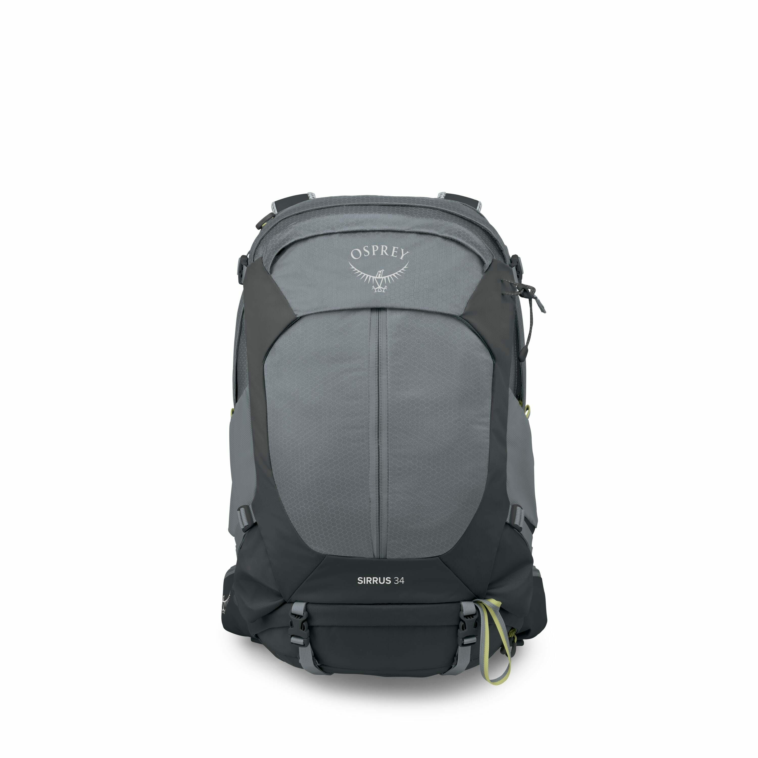 The image features a backpack designed for outdoor activities, specifically the Osprey Sirrus 34 model. The backpack has a two-tone color scheme with the main body being a muted grey and black accents on the sides and base. It has a streamlined design wit