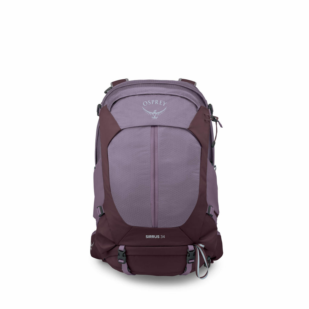 The image shows a series of images capturing various elements of an Osprey backpack, specifically the Sirrus 34 model. The first image displays the backpack in its entirety, showcasing its color palette, a combination of purple and dark plum hues. The fro