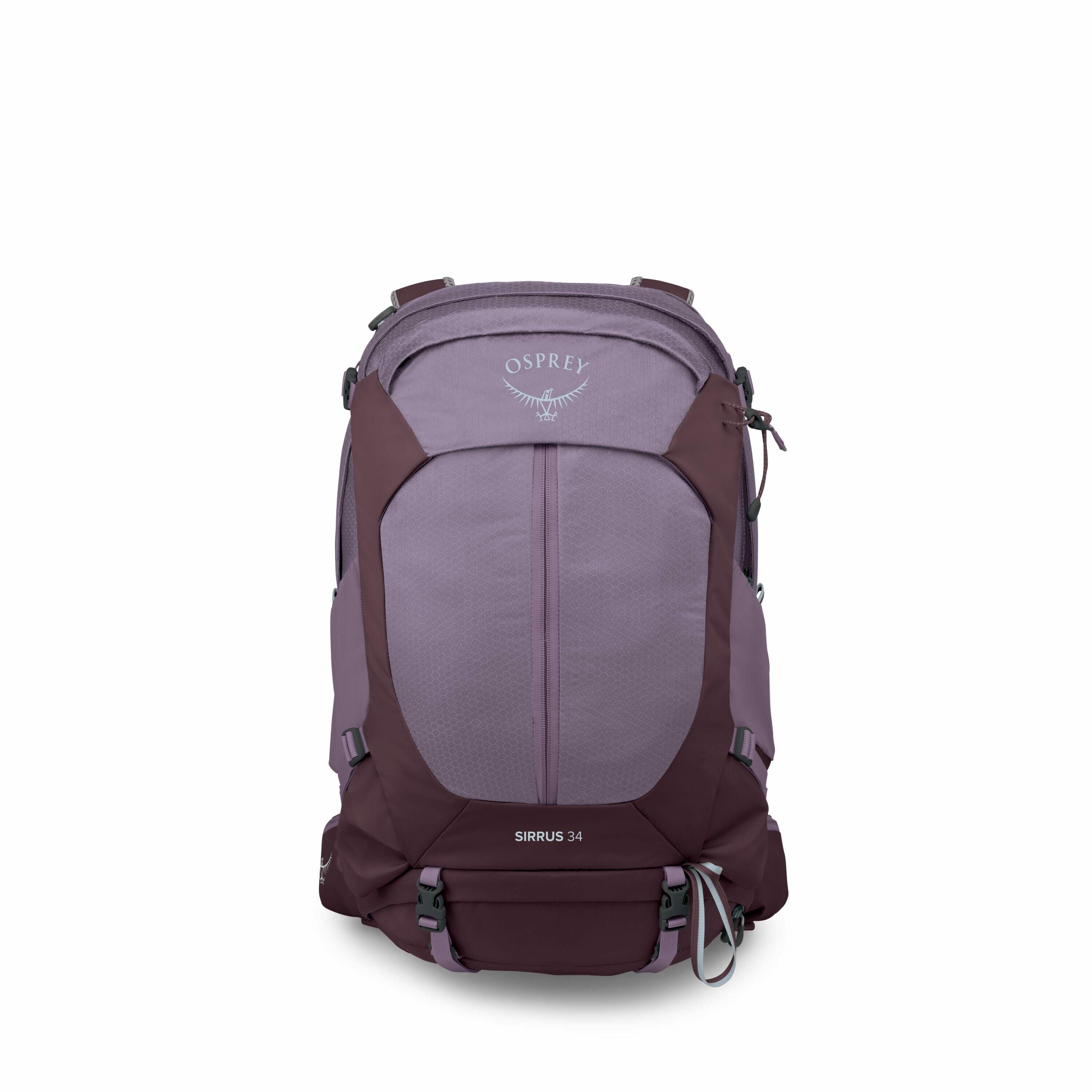 The image shows a series of images capturing various elements of an Osprey backpack, specifically the Sirrus 34 model. The first image displays the backpack in its entirety, showcasing its color palette, a combination of purple and dark plum hues. The fro